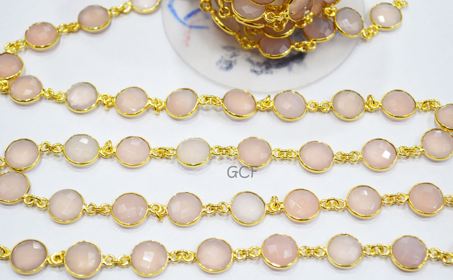 Rose Chalcedony Faceted Coin Shape Connector Chain , Rose Chalcedony Coin Shape Bezel Link Chain , 10 - 11 mm , 6868