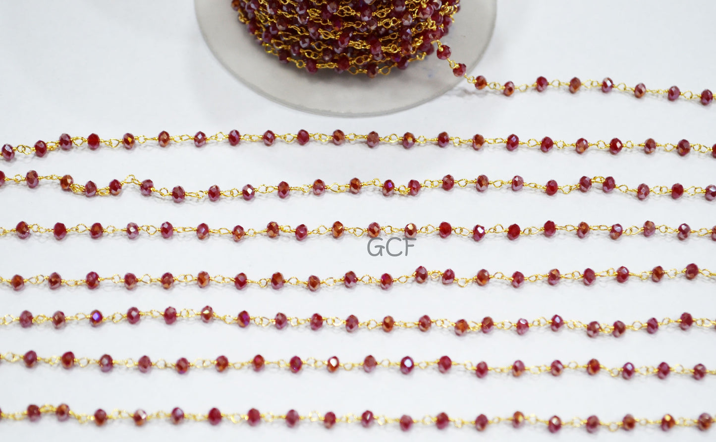 Mystic AB Coated Ruby Hydro Glass Faceted Rondelle Rosary Beaded Chain , Ruby Quartz Wire Wrapped Chain , 3 - 3.50 mm , 6869