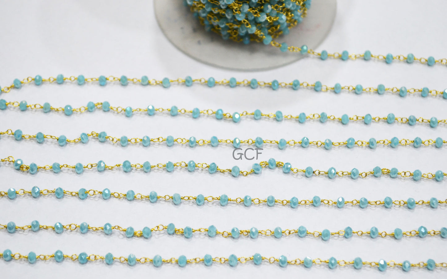 Mystic AB Coated Aqua Hydro Glass Faceted Rondelle Rosary Beaded Chain , Aqua Quartz Wire Wrapped Chain , 3 - 3.50 mm , 6871