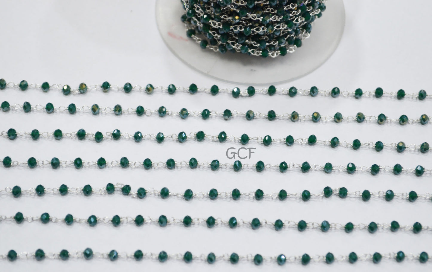 Mystic AB Coated Dark Green Hydro Glass Faceted Rondelle Rosary Chain , Green Quartz Wire Wrapped Chain , 3 - 3.50 mm , 6872