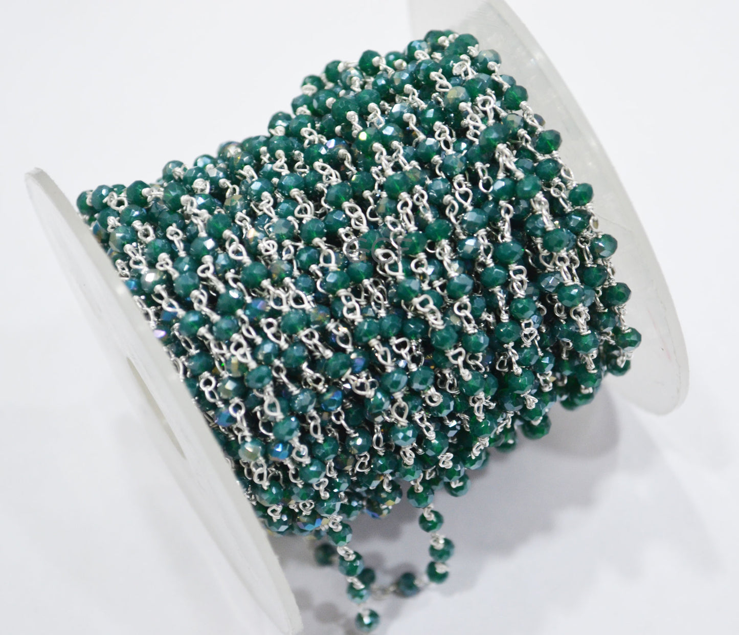 Mystic AB Coated Dark Green Hydro Glass Faceted Rondelle Rosary Chain , Green Quartz Wire Wrapped Chain , 3 - 3.50 mm , 6872