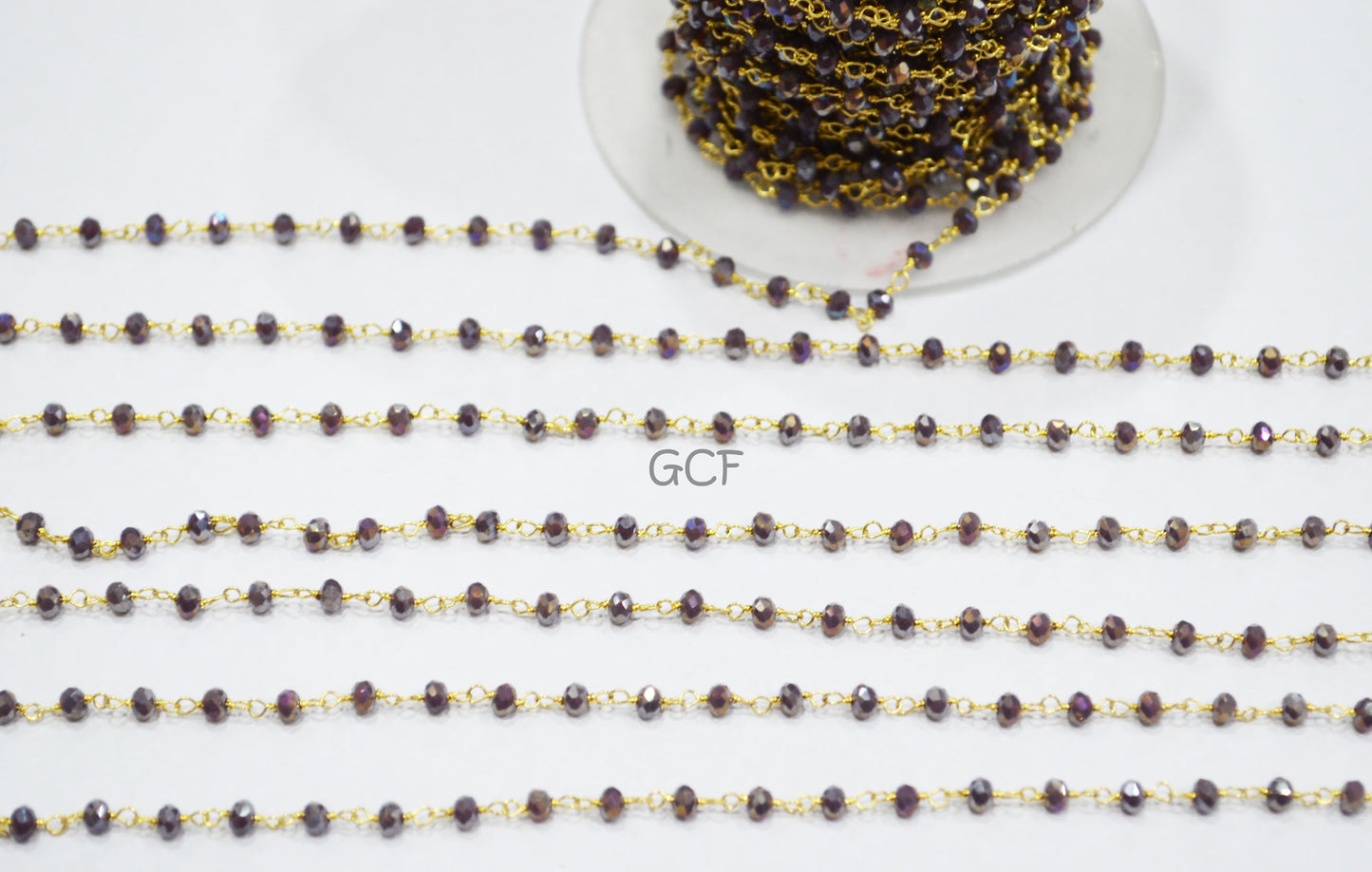 Mystic AB Coated Plum Hydro Glass Faceted Rondelle Rosary Beaded Chain , Plum Quartz Wire Wrapped Chain , 3 - 3.50 mm , 6873