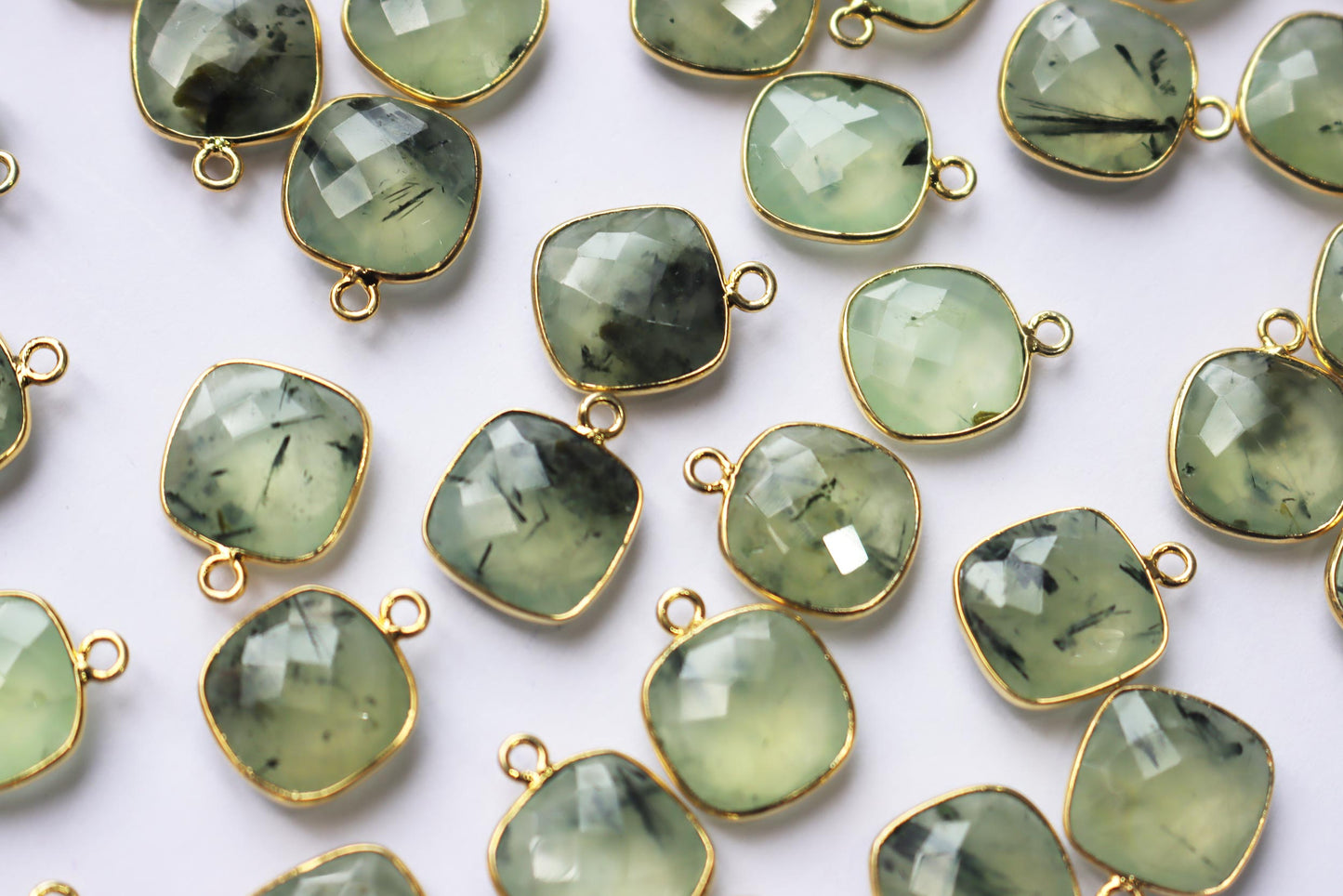 Natural Prehnite Faceted Cushion Shape Connector , Sold By Piece , 14 mm , RB-7280