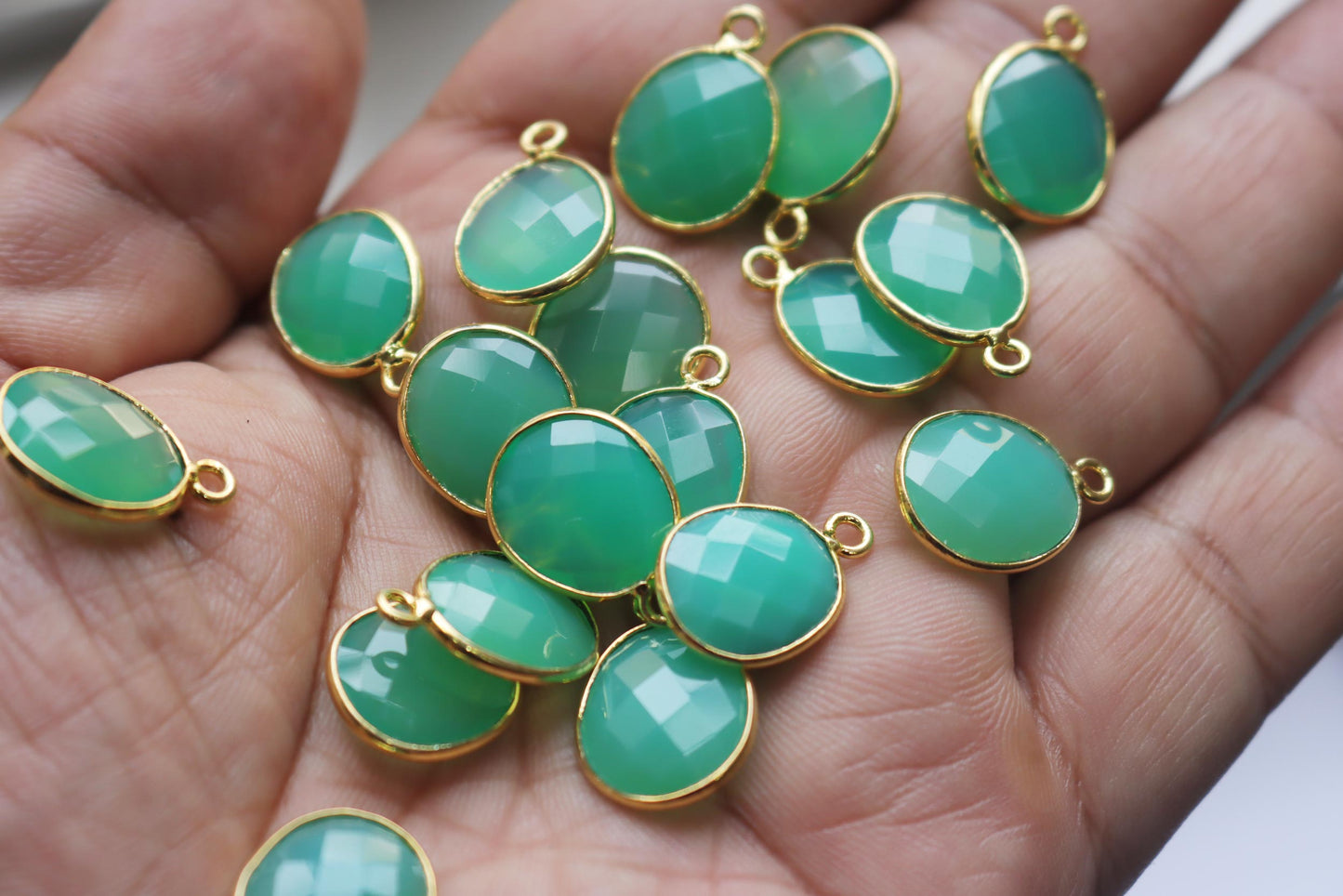 Chrysoprase Chalcedony Faceted Egg Shape Connector , Sold By Piece , 12x14 mm , RB-7285