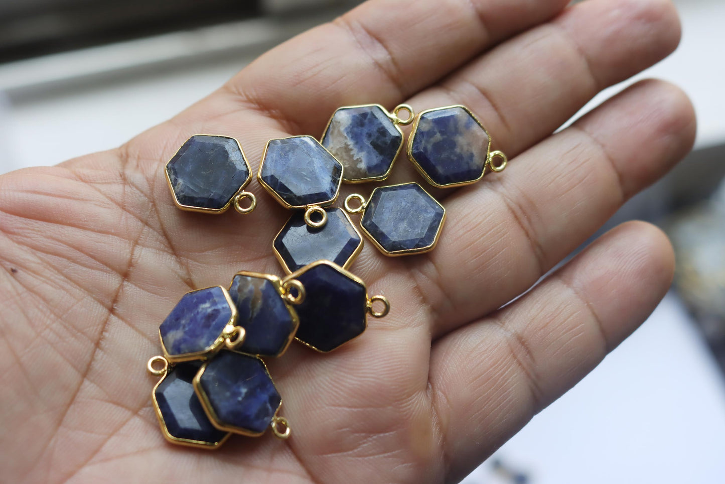 Natural Sodalite Faceted Hexagonal Shape Connector , Sold By Piece , 12 - 15 mm , RB-7288
