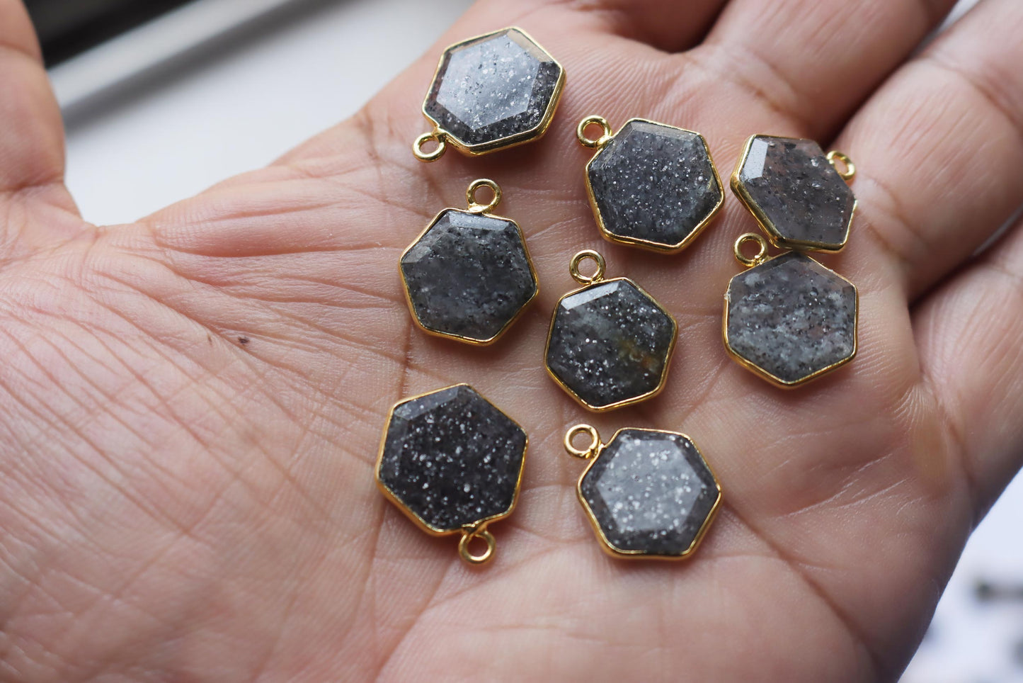 Natural Black Dot Rutile Faceted Hexagonal Shape Connector , Sold By Piece , 12 - 15 mm , RB-7296