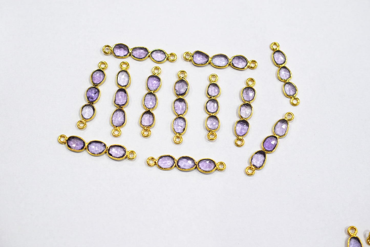 Natural Pink Amethyst Faceted 3 Stone In 1 Piece Bar Connector , Natural Pink Amethyst Double Bail Bezel Charm Connector , Sold By Piece , 25 - 30 mm , 7303