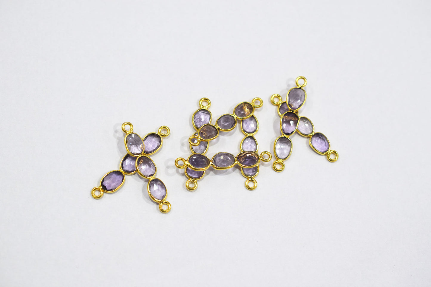 Natural Pink Amethyst Faceted 3 Stone In 1 Piece Bar Connector , Natural Pink Amethyst Double Bail Bezel Charm Connector , Sold By Piece , 25 - 30 mm , 7303