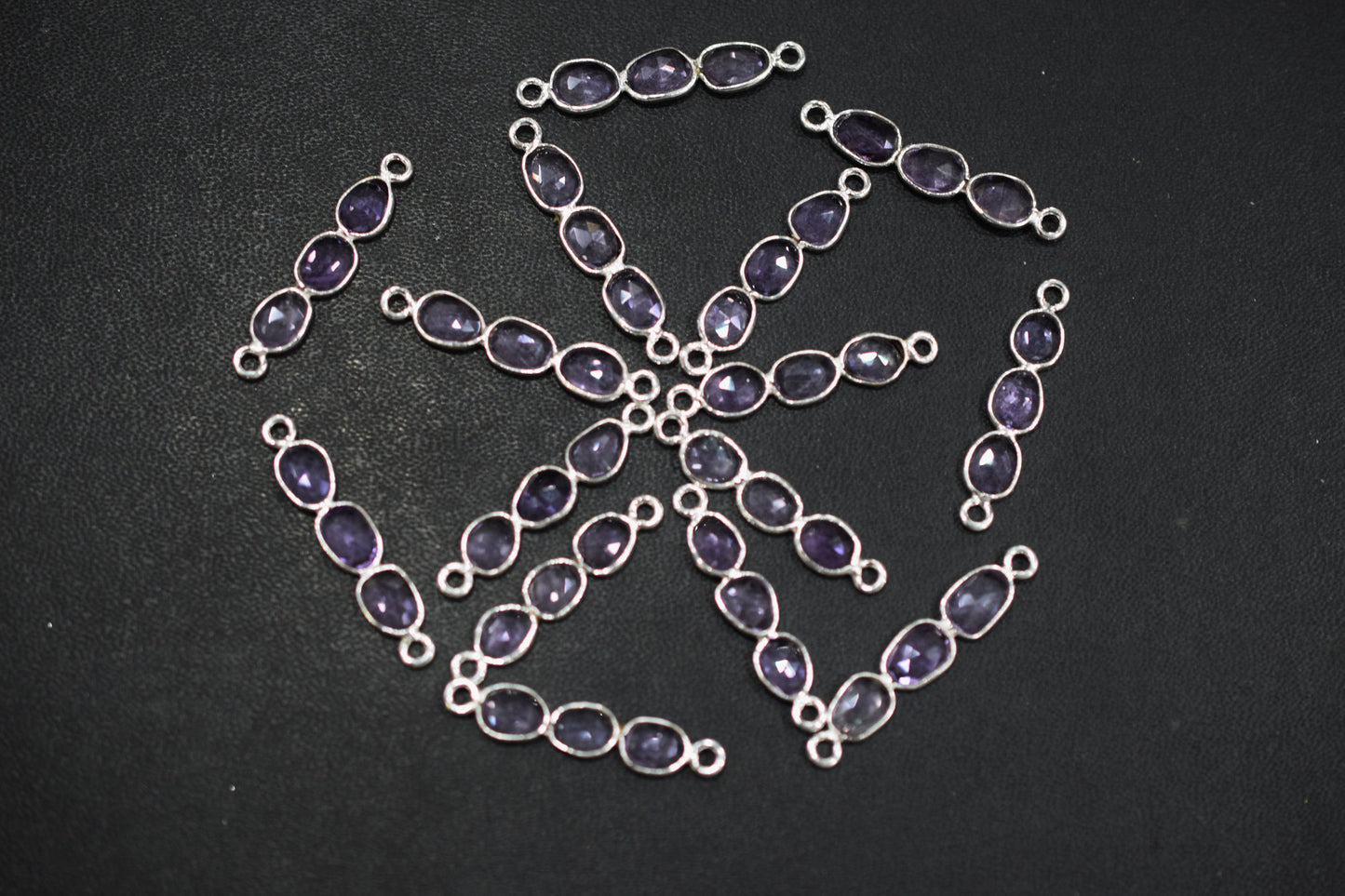 Natural Pink Amethyst Faceted 3 Stone In 1 Piece Bar Connector , Natural Pink Amethyst Double Bail Bezel Charm Connector , Sold By Piece , 25 - 30 mm , 7303