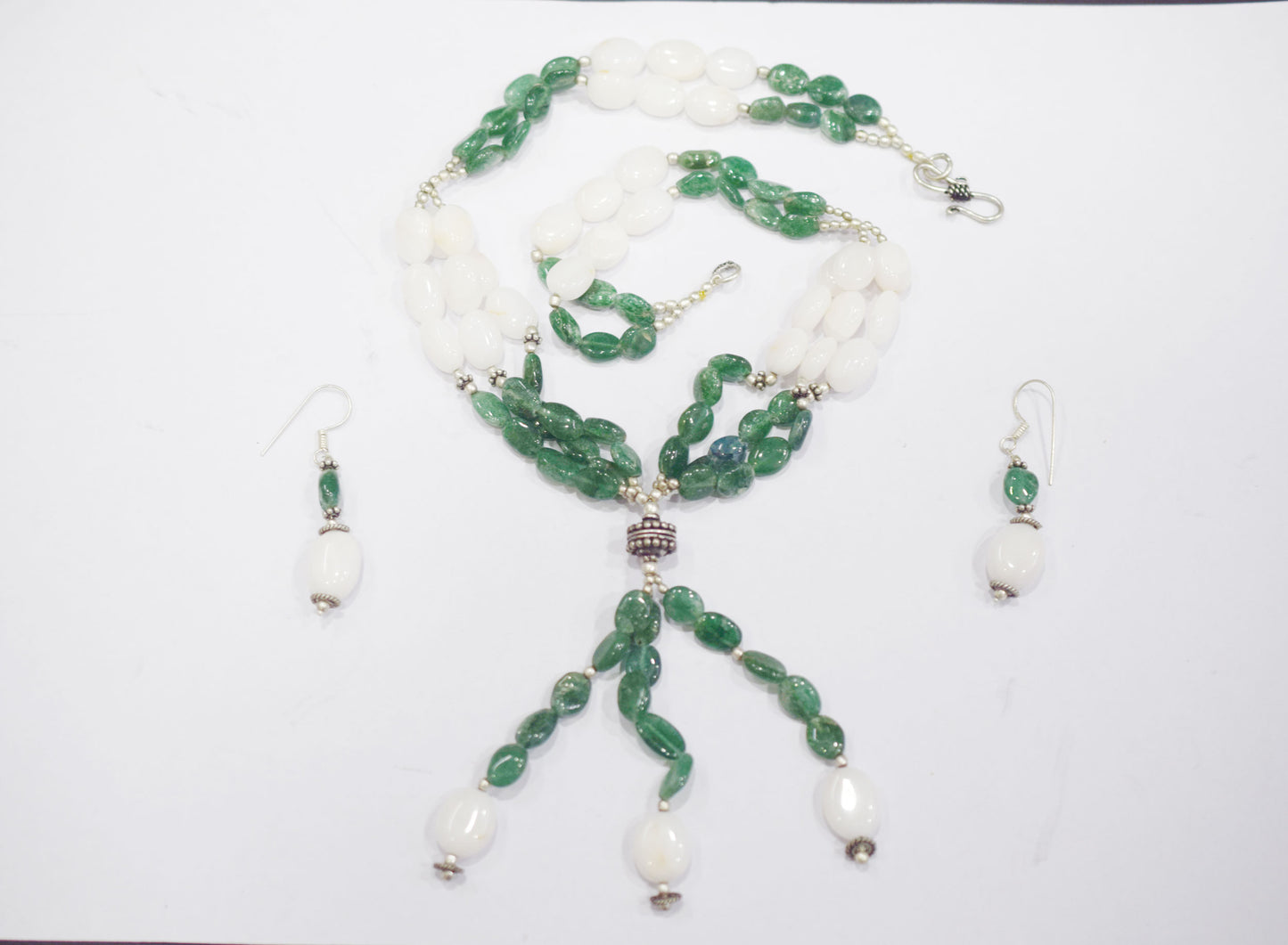 Natural White Agate Green Aventurine Necklace Set, Handmade Beaded Statement Jewelry, Boho Gemstone Tassel Necklace Earring Set Gift For Her, BL-4570
