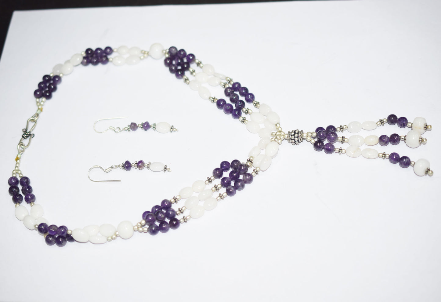 Natural White Agate Purple Amethyst Necklace Set, Handmade Beaded Statement Jewelry, Boho Gemstone Tassel Necklace Earring Set Gift For Her, BL-4571