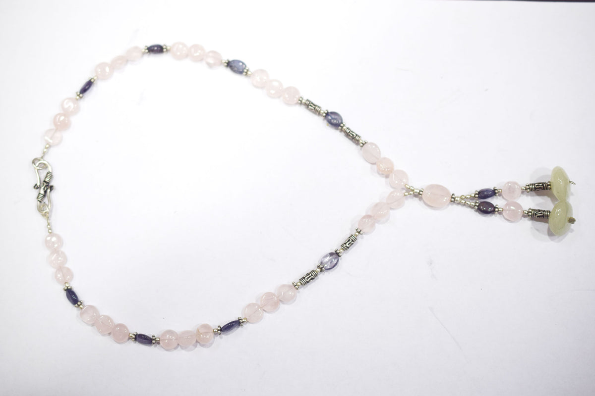 Natural Rose Quartz Purple Amethyst Necklace Set, Handmade Beaded Statement Jewelry, Pale Green Jade Boho Tassel Necklace Earring Set Gift For Her, BL-4573