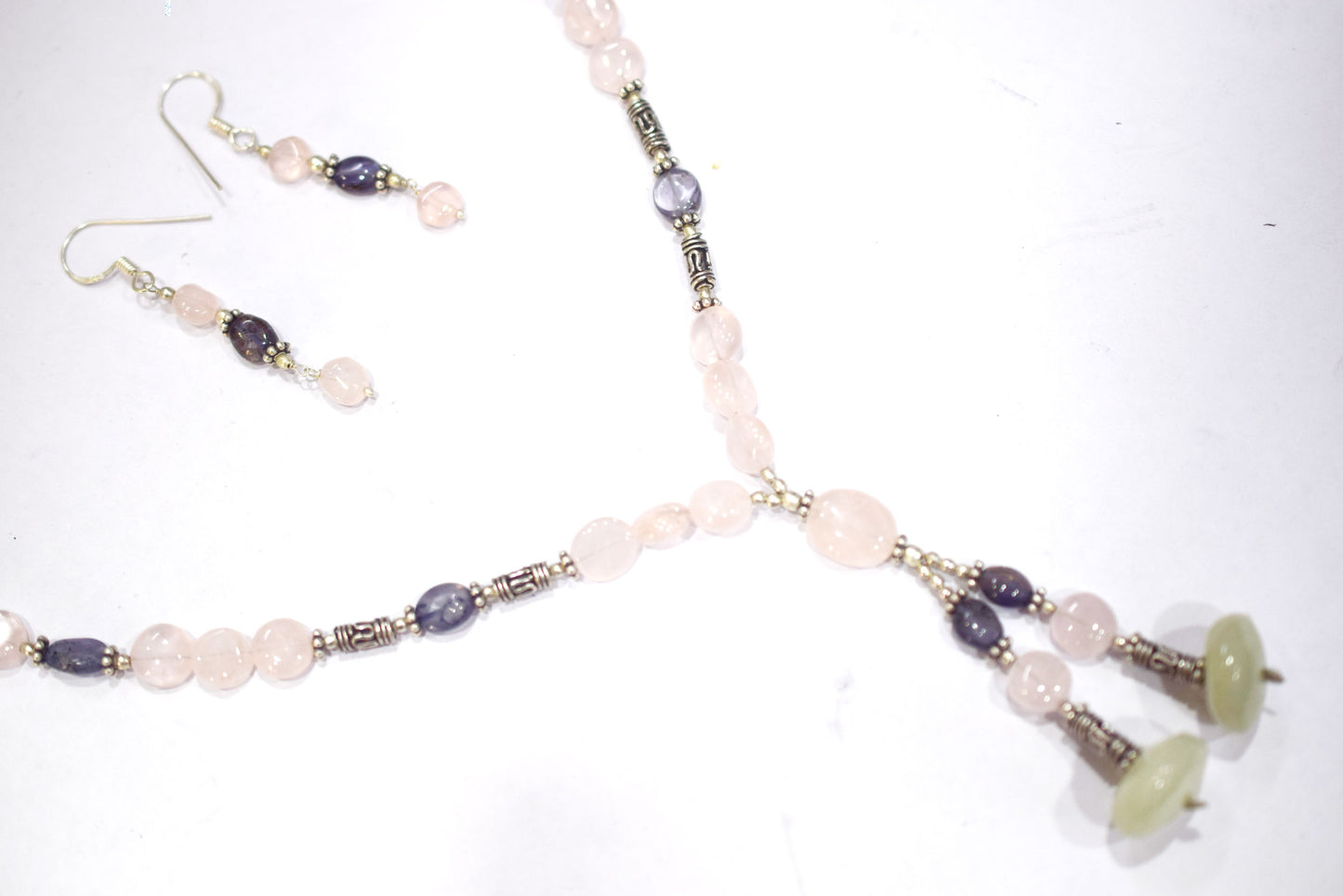 Natural Rose Quartz Purple Amethyst Necklace Set, Handmade Beaded Statement Jewelry, Pale Green Jade Boho Tassel Necklace Earring Set Gift For Her, BL-4573