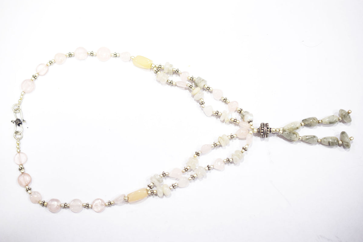 Rose Quartz Rutile Yellow Aventurine Necklace Set, Handmade Pastel Gemstone Beaded Tassel Jewelry ,BL-4575