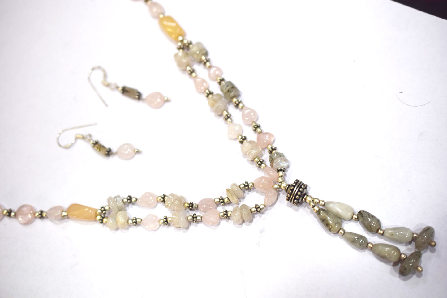 Rose Quartz Labradorite Necklace Set, Handmade Pastel Gemstone Beaded Tassel Jewelry Gift For Her,BL-4575