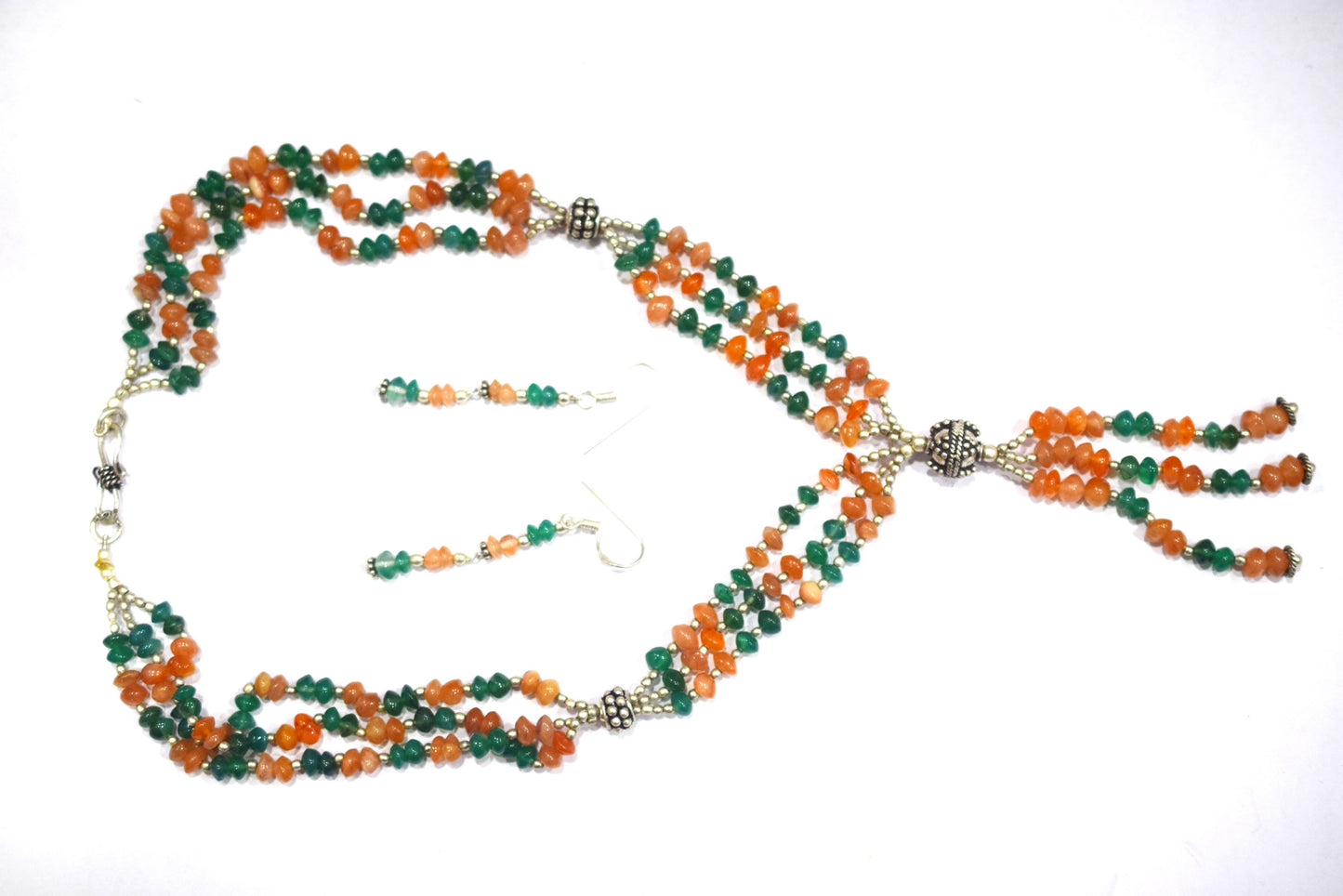 Natural Carnelian Green Aventurine Necklace Set, Handmade Multi Strand Beaded Statement Jewelry, Boho Tassel Necklace Earring Set Gift For Her, BL-4576