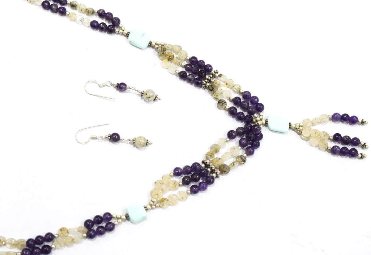 Natural Amethyst Rutilated Quartz Blue Opal Necklace Set, Handmade Multi Strand Beaded Statement Jewelry, Turquoise Amazonite Accent Tassel Necklace Earring Set Gift For Her, BL-4577
