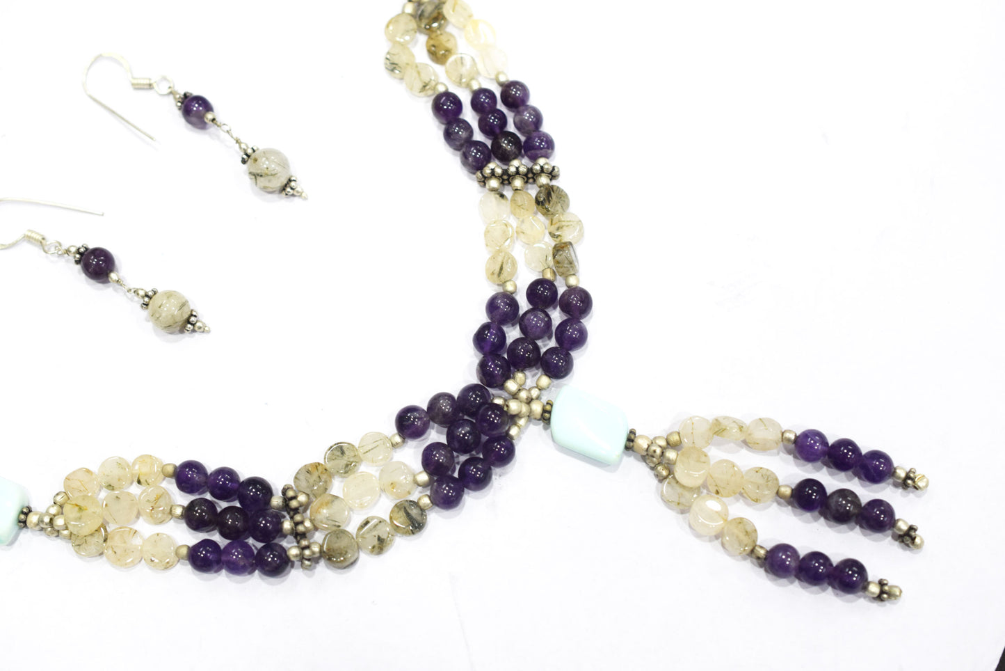 Natural Amethyst Rutilated Quartz Necklace Set, Handmade Multi Strand Beaded Statement Jewelry, Turquoise Amazonite Accent Tassel Necklace Earring Set Gift For Her, BL-4577