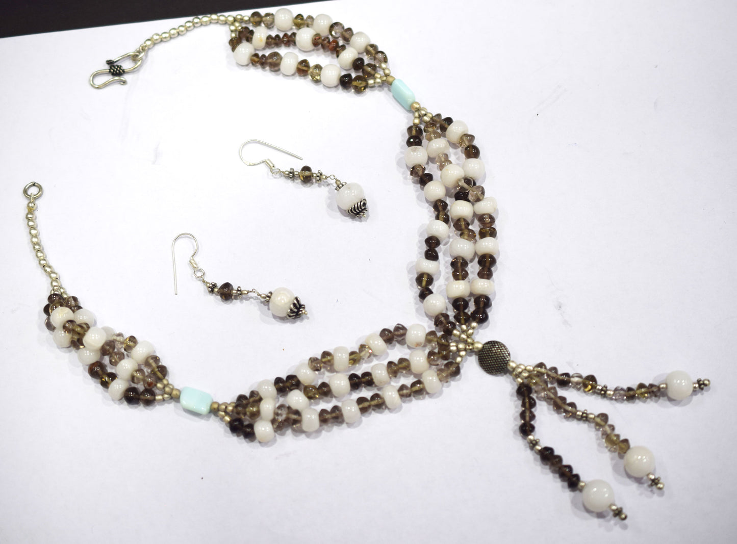 Natural Smoky Quartz White Agate Necklace Set, Handmade Multi Strand Beaded Statement Jewelry, Boho Tassel Necklace Earring Set Gift For Her , BL-4580