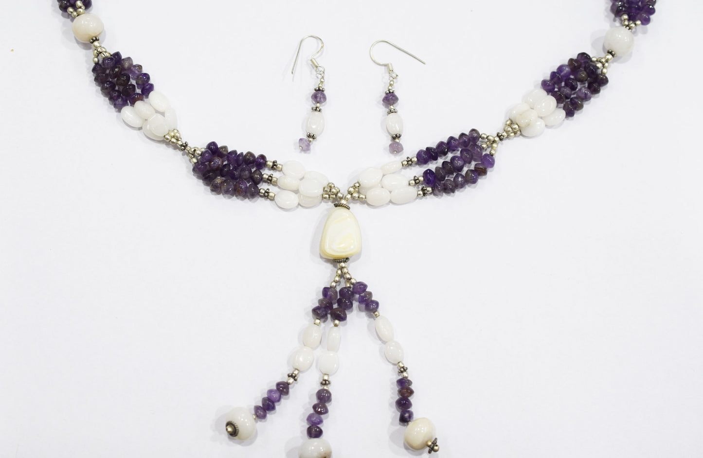 Natural Purple Amethyst White Agate Necklace Set, Handmade Multi Strand Beaded Statement Jewelry, Boho Drop Pendant Earring Set Gift For Her, BL-4585