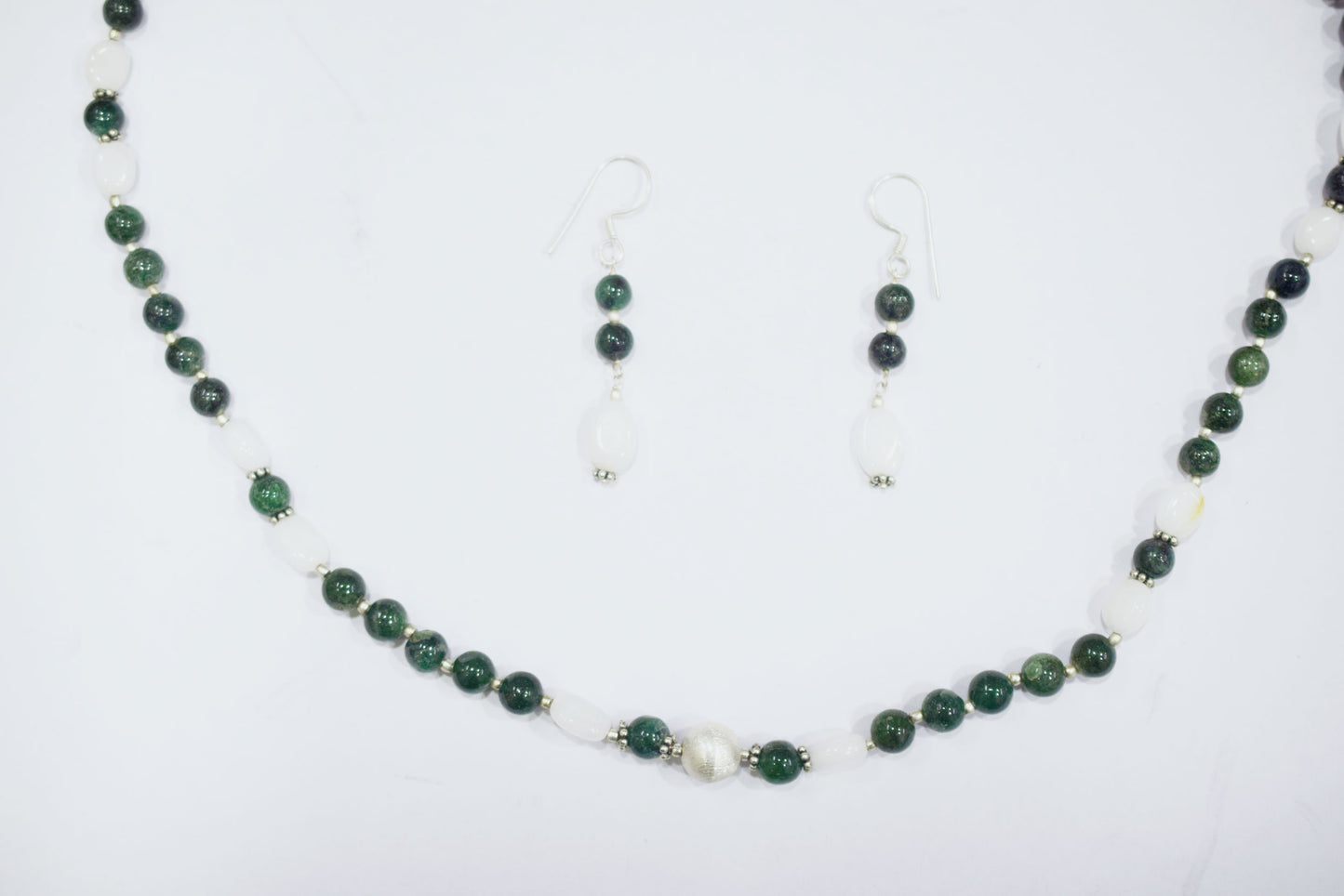 Natural Green Ruby Zoisite White Agate Necklace Set, Handmade Double Strand Gemstone Jewelry, Boho Beaded Dangle Earring Set Gift For Her , BL-4586