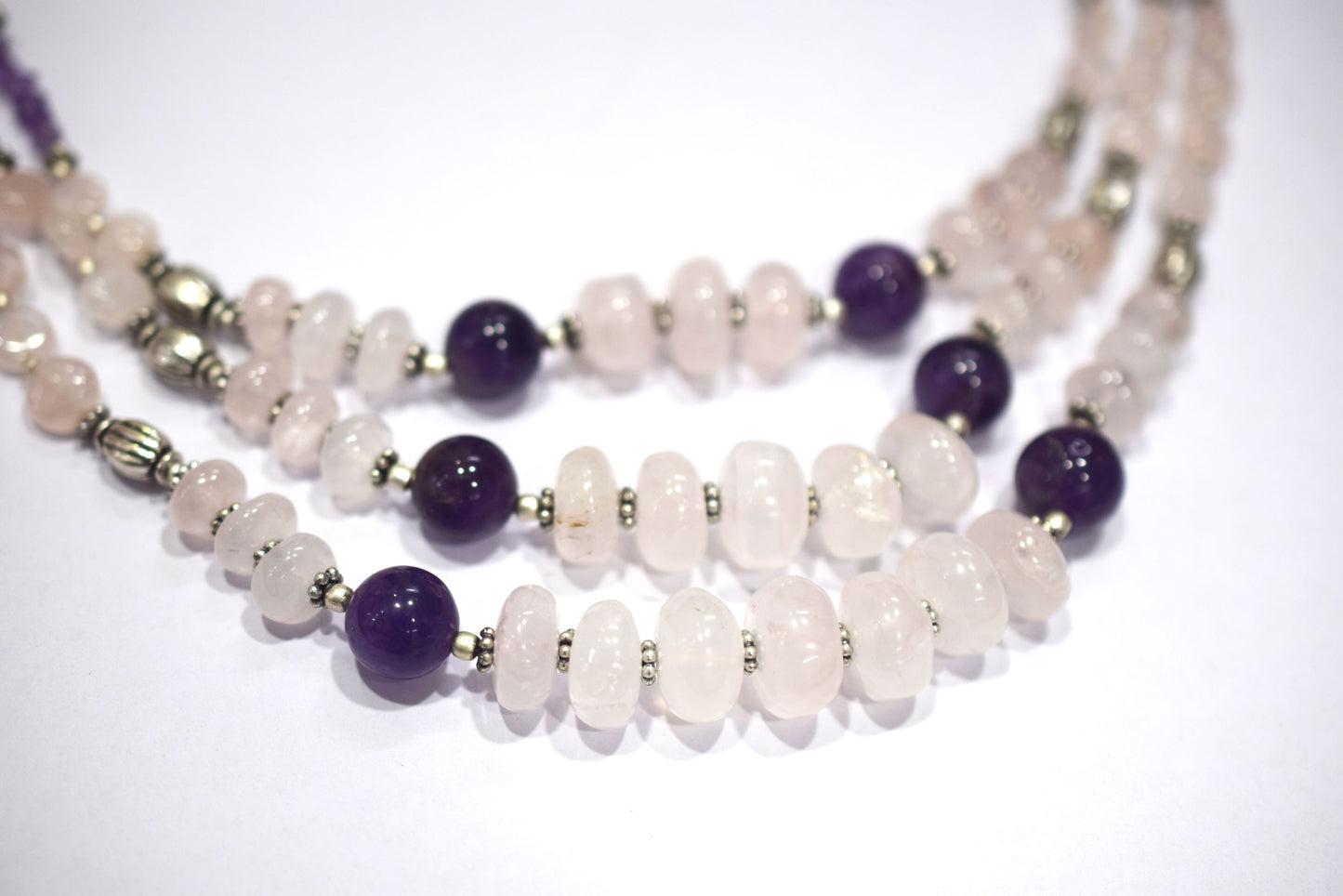 Natural Rose Quartz Purple Amethyst Necklace Set, Handmade Multi Strand Beaded Statement Jewelry, Boho Crystal Dangle Earring Set Gift For Her, BL-4588