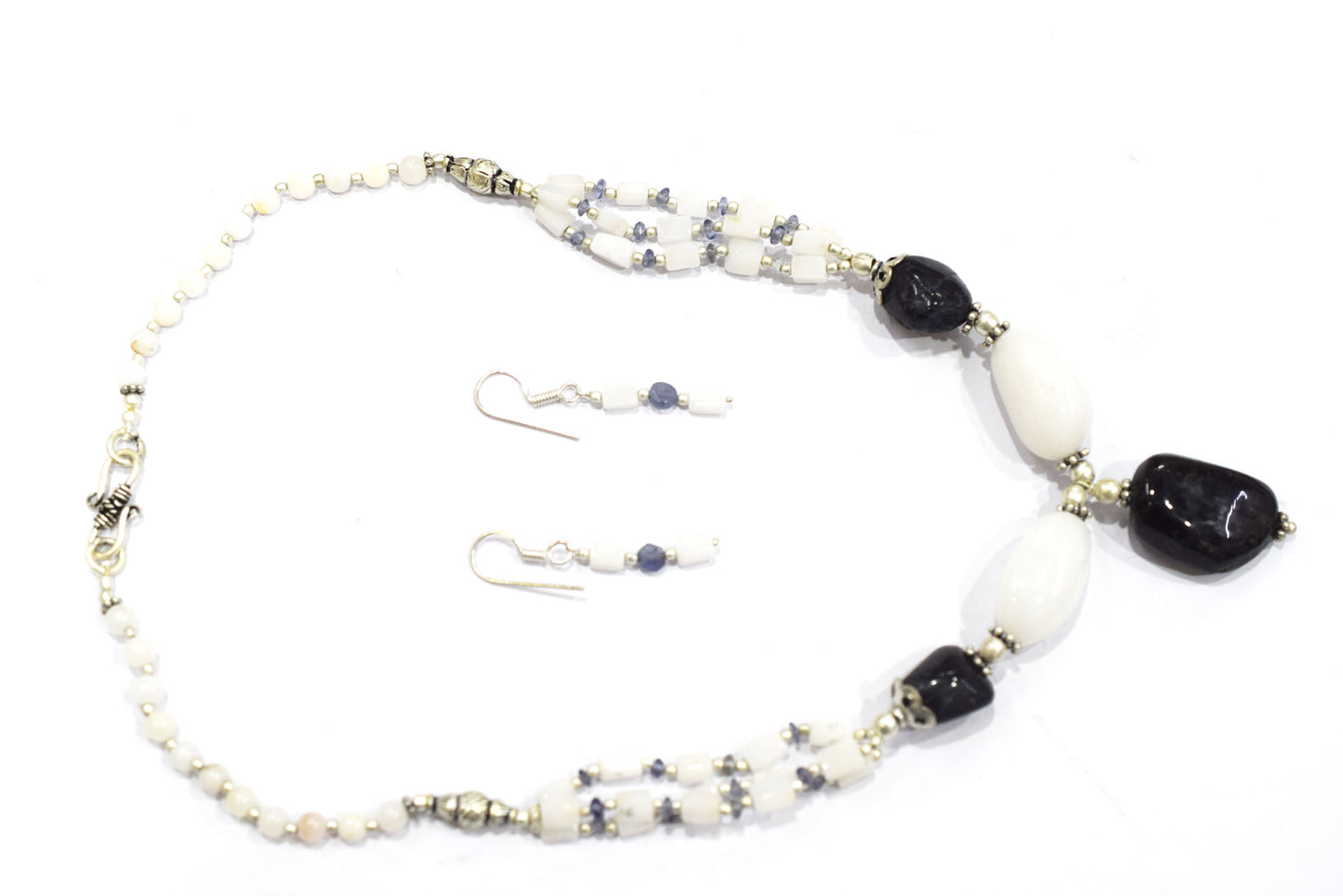 Natural Black Onyx White Agate Necklace Set, Handmade Multi Strand Beaded Statement Jewelry, Boho Drop Pendant Earring Set Gift For Her, BL-4589