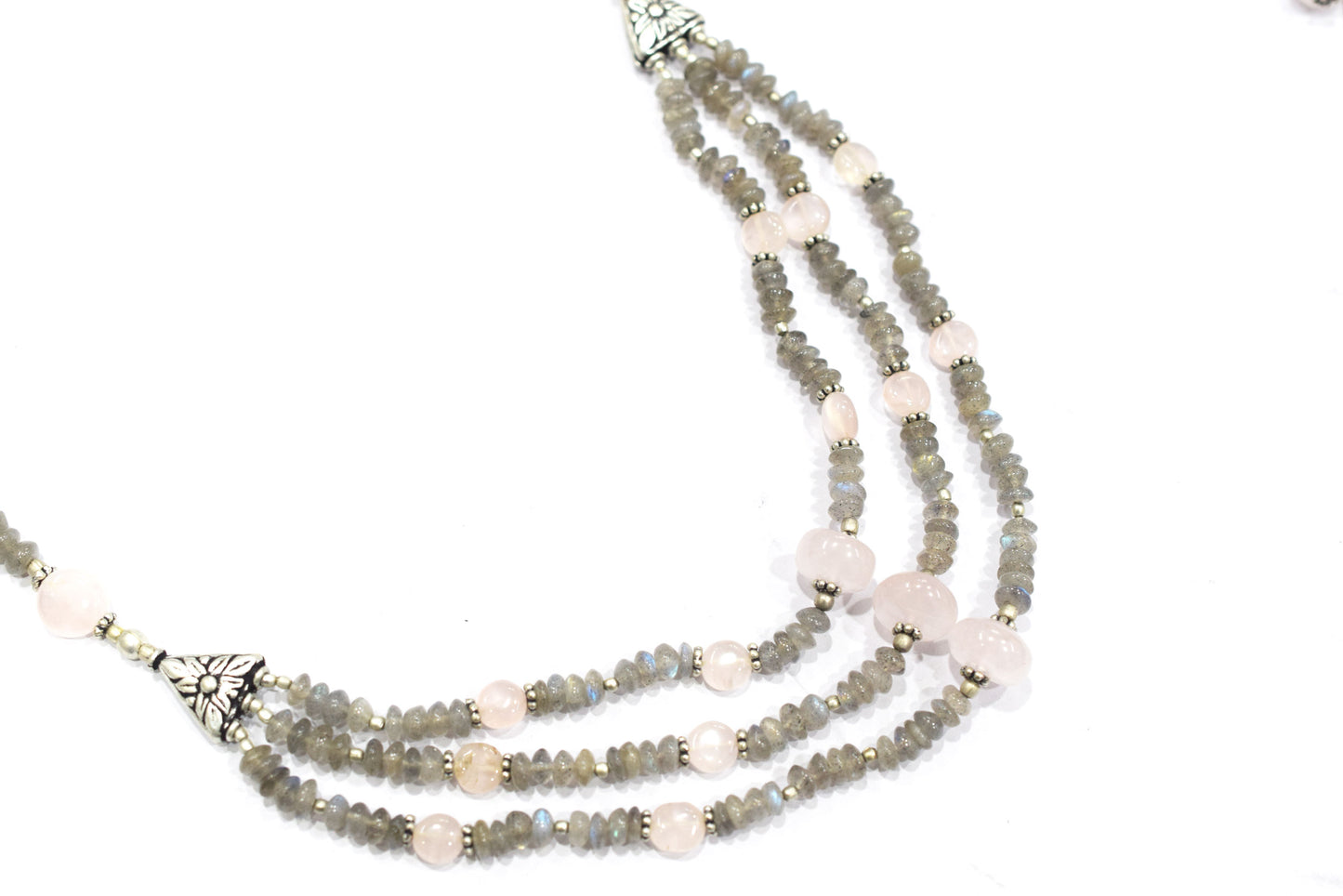 Natural Labradorite Rose Quartz Necklace Set, Handmade Multi Strand Beaded Statement Jewelry, Boho Crystal Dangle Earring Set Gift For Her, BL-4590