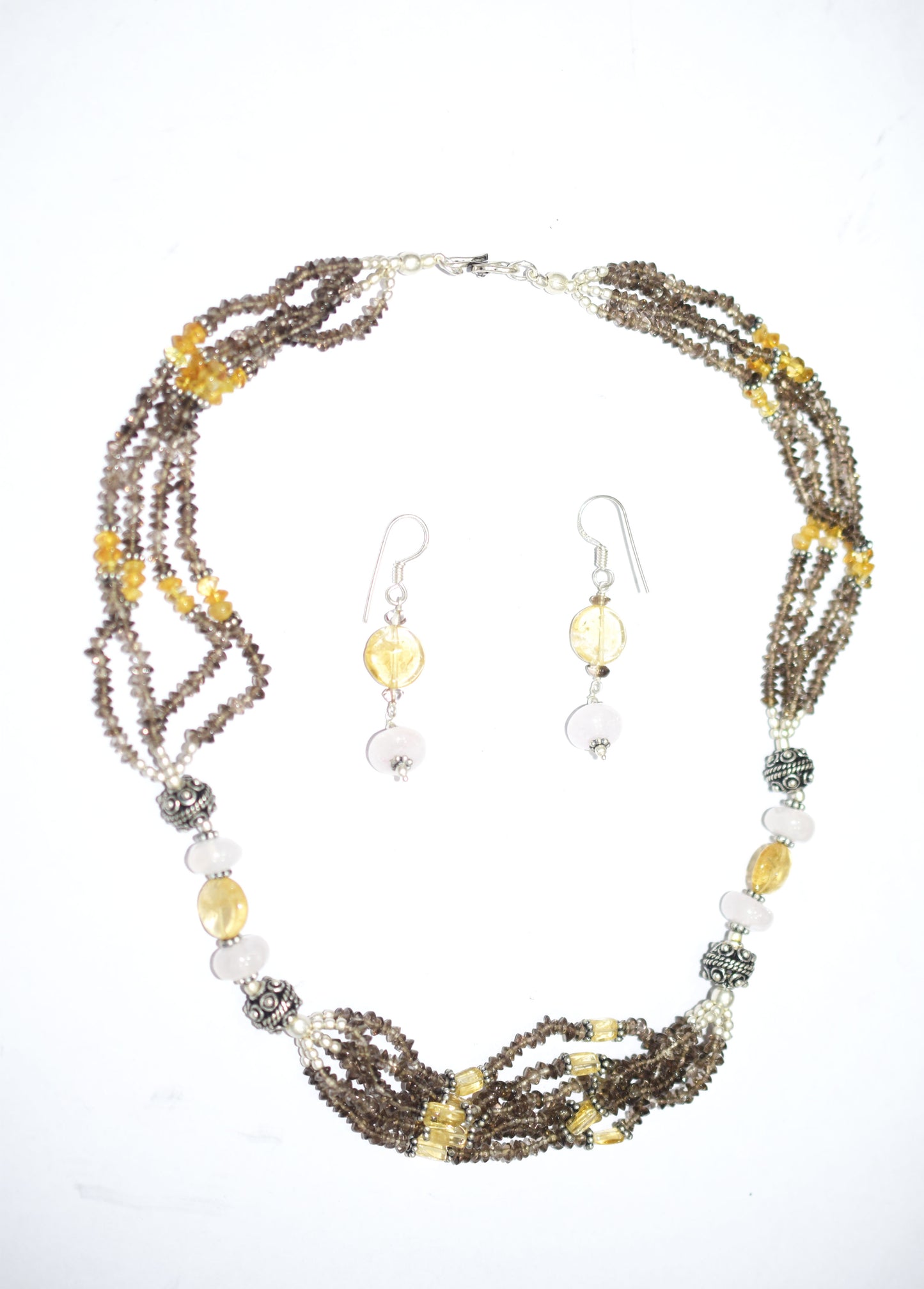 Natural Smoky Quartz Citrine Necklace Set, Handmade Multi Strand Beaded Statement Jewelry, Boho Crystal Dangle Earring Set Gift For Her, BL-4591