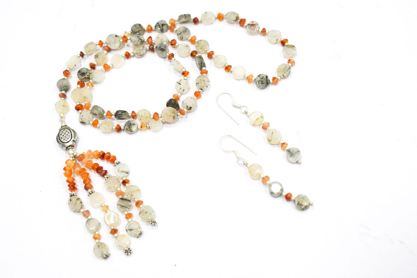 Natural Rutilated Quartz Carnelian Necklace Set, Handmade Beaded Tassel Statement Jewelry, Boho Orange Crystal Dangle Earring Set Gift For Her, BL-4595