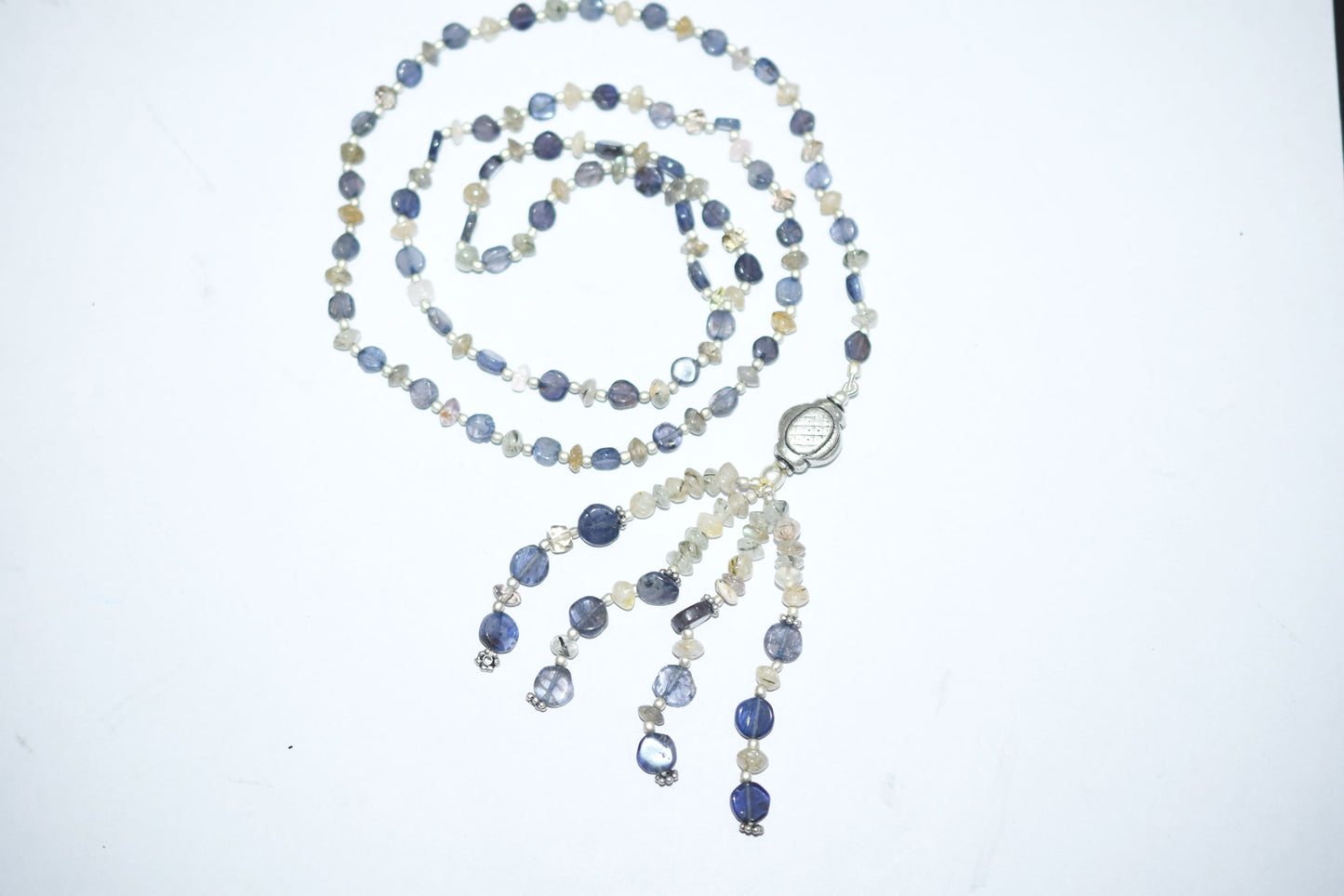 Natural Iolite Labradorite Necklace Set, Handmade Beaded Tassel Statement Jewelry, Boho Blue Grey Crystal Dangle Earring Set Gift For Her, BL-4596