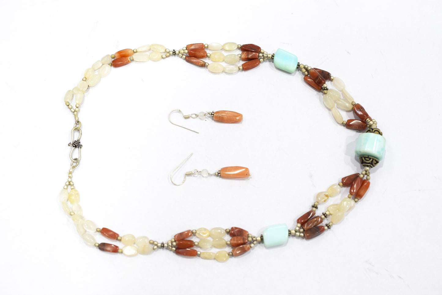 Natural Amazonite Carnelian Necklace Set, Handmade Multi Strand Beaded Statement Jewelry, Boho White Agate Dangle Earring Set Gift For Her, BL-4601