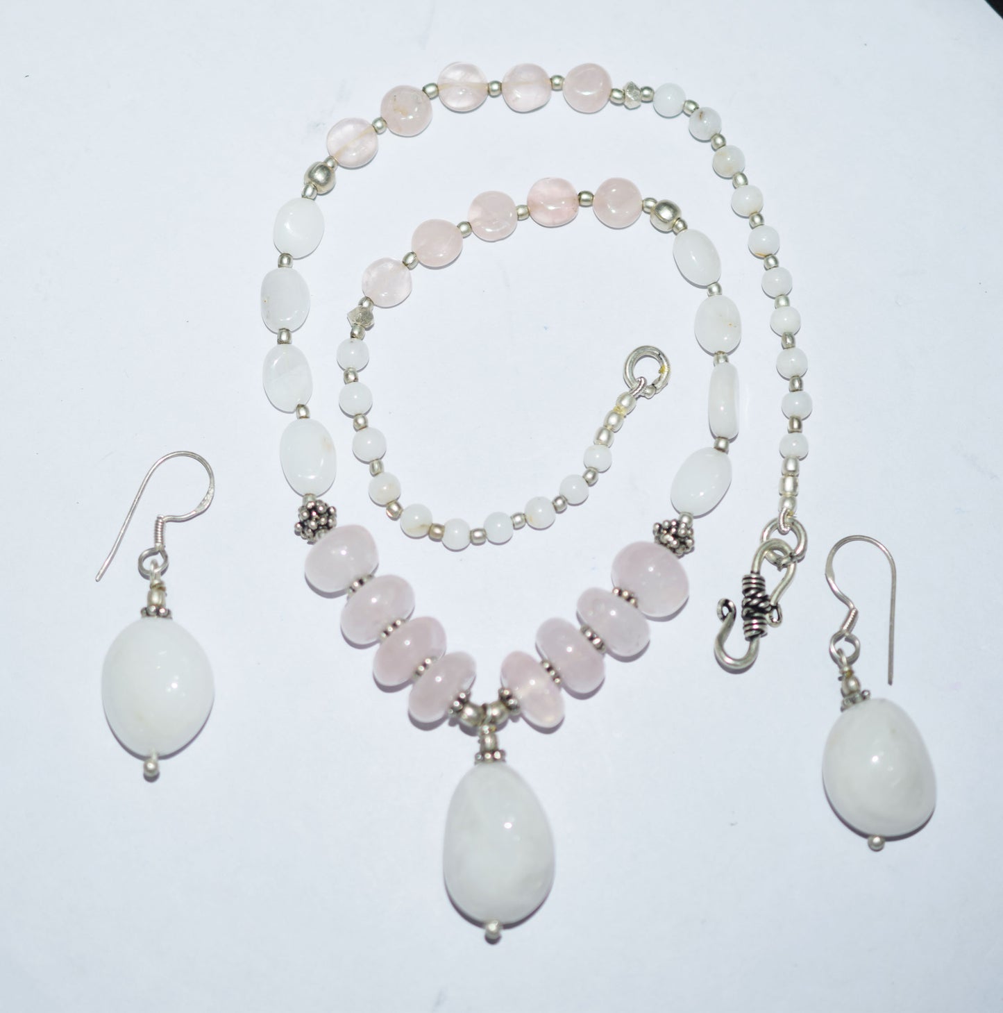Natural Rose Quartz White Agate Necklace Set, Handmade Beaded Y Drop Statement Jewelry, Boho White Chalcedony Dangle Earring Set Gift For Her, BL-4605