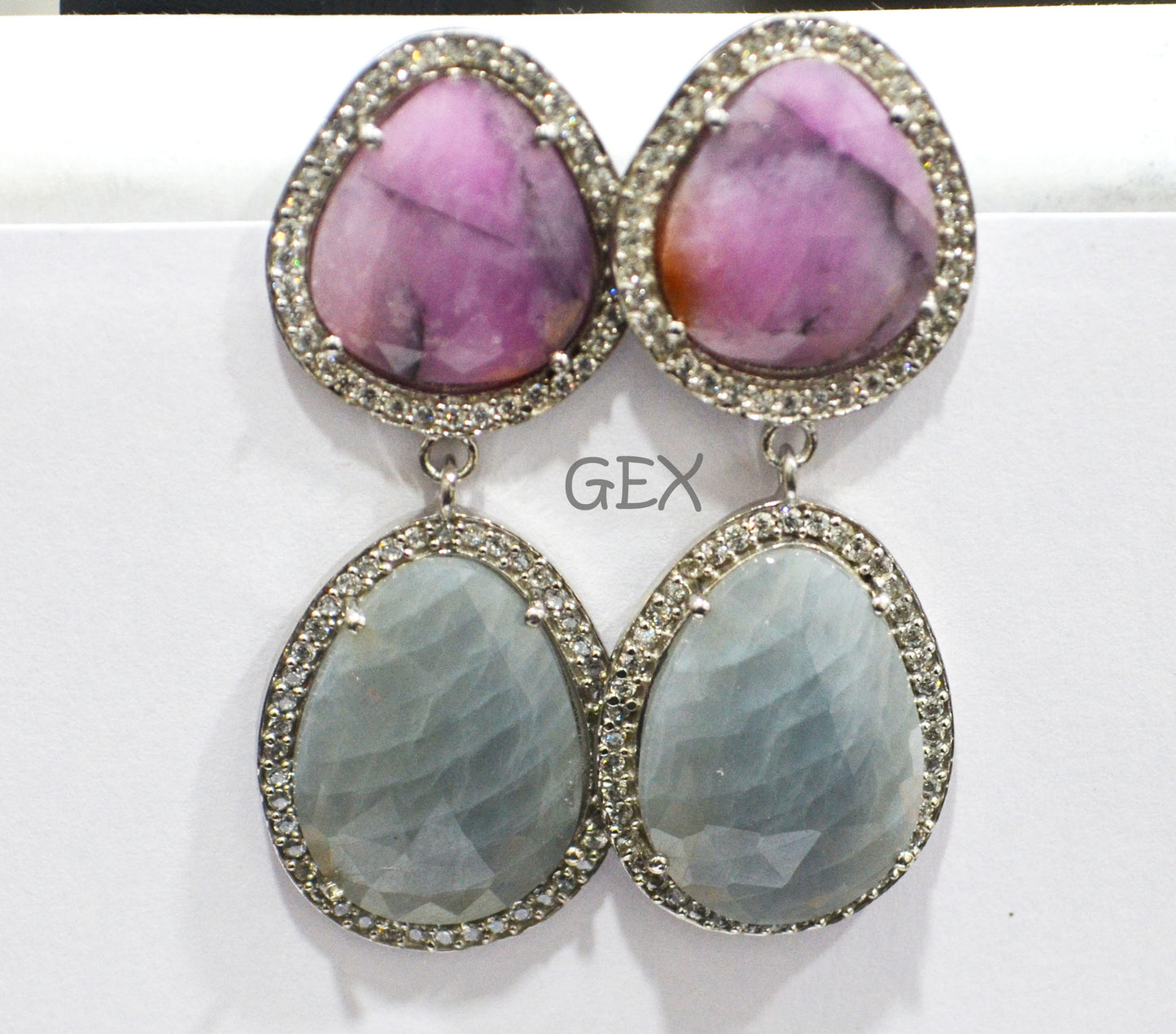 92.5 Sterling Silver Pink And Blue Sapphire Faceted Fancy Shape Earring , Pink And Blue Sapphire With Pave Cubic Zirconia Earring , 49 mm , E-001