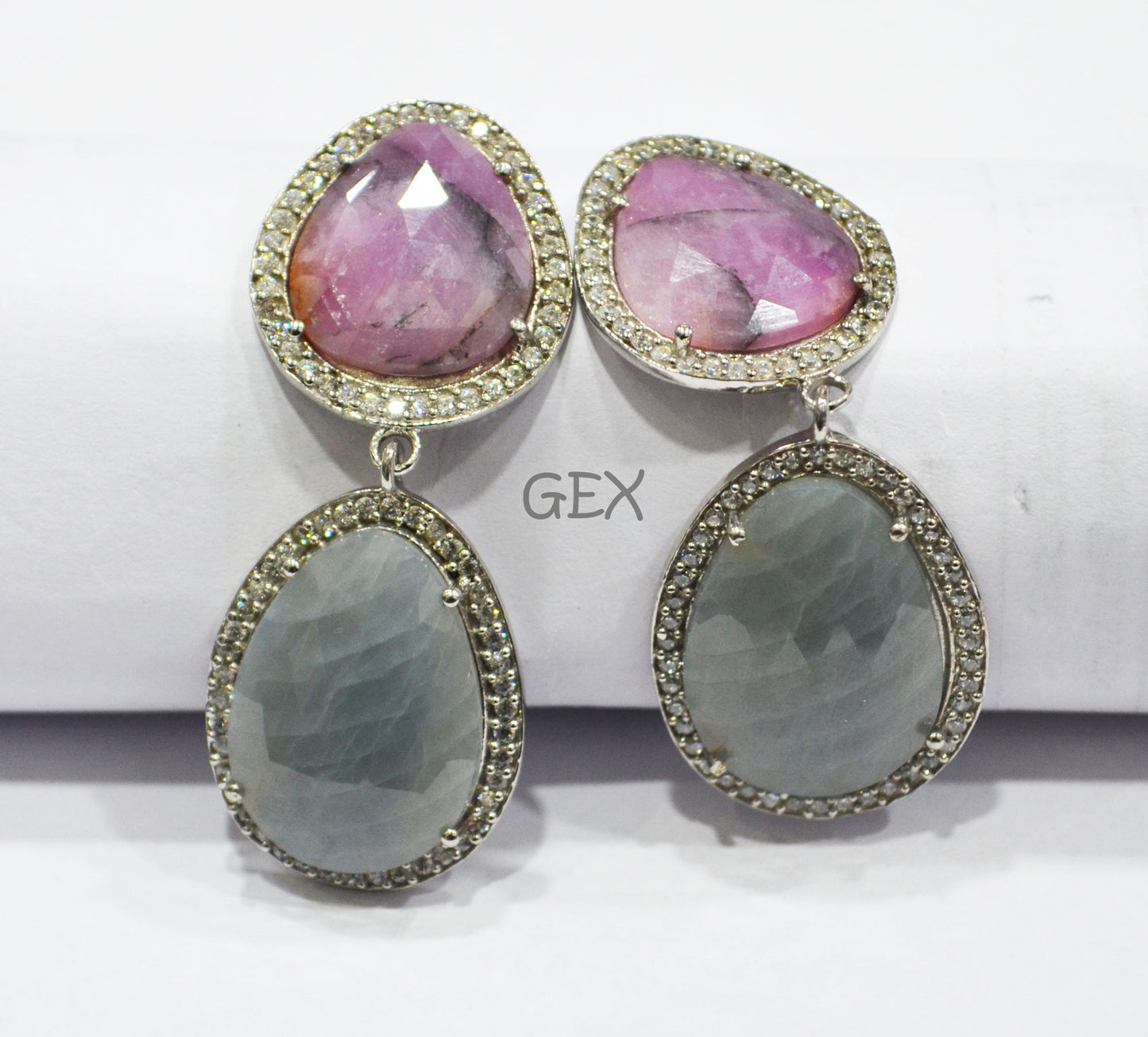 92.5 Sterling Silver Pink And Blue Sapphire Faceted Fancy Shape Earring , Pink And Blue Sapphire With Pave Cubic Zirconia Earring , 49 mm , E-001