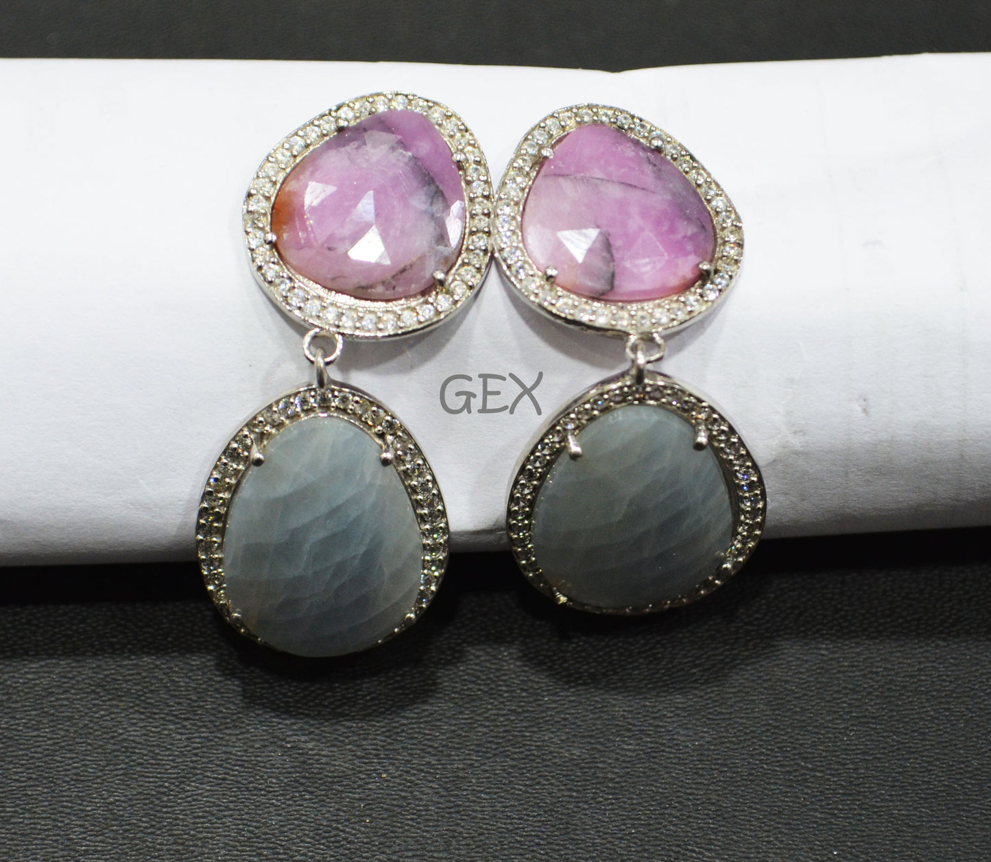92.5 Sterling Silver Pink And Blue Sapphire Faceted Fancy Shape Earring , Pink And Blue Sapphire With Pave Cubic Zirconia Earring , 49 mm , E-001