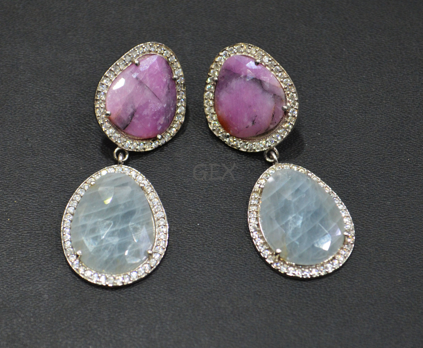 92.5 Sterling Silver Pink And Blue Sapphire Faceted Fancy Shape Earring , Pink And Blue Sapphire With Pave Cubic Zirconia Earring , 49 mm , E-001