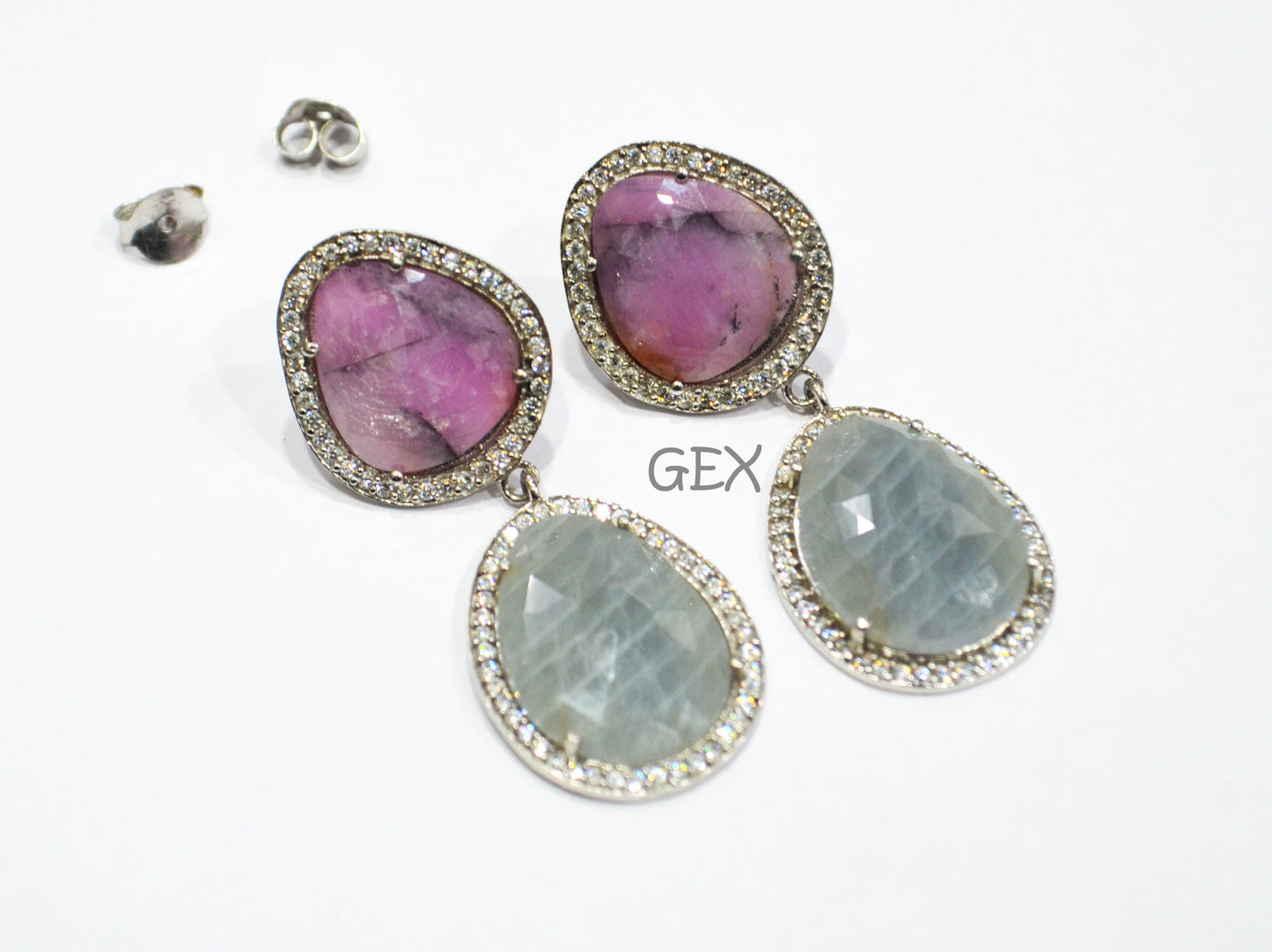 92.5 Sterling Silver Pink And Blue Sapphire Faceted Fancy Shape Earring , Pink And Blue Sapphire With Pave Cubic Zirconia Earring , 49 mm , E-001