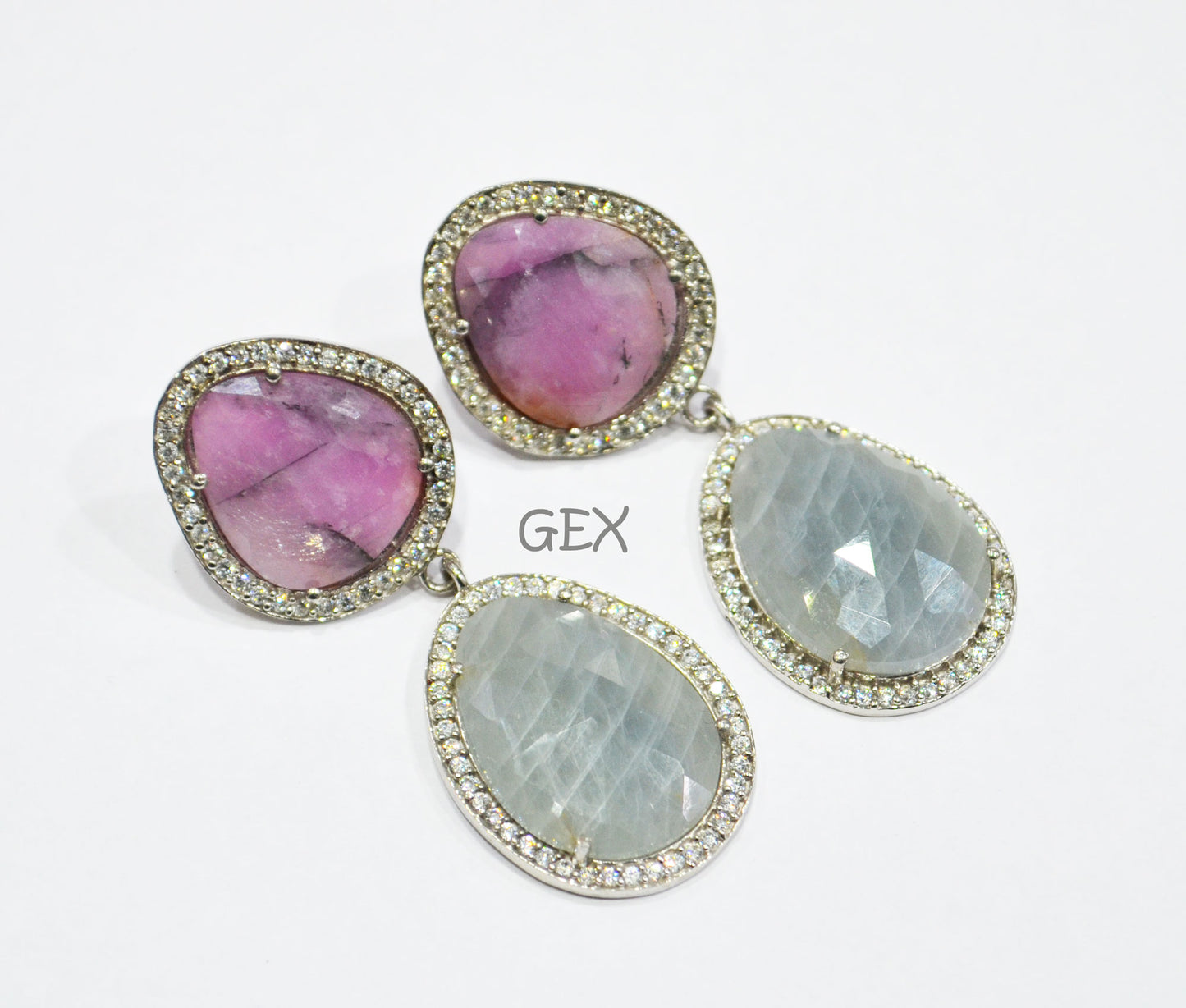 92.5 Sterling Silver Pink And Blue Sapphire Faceted Fancy Shape Earring , Pink And Blue Sapphire With Pave Cubic Zirconia Earring , 49 mm , E-001