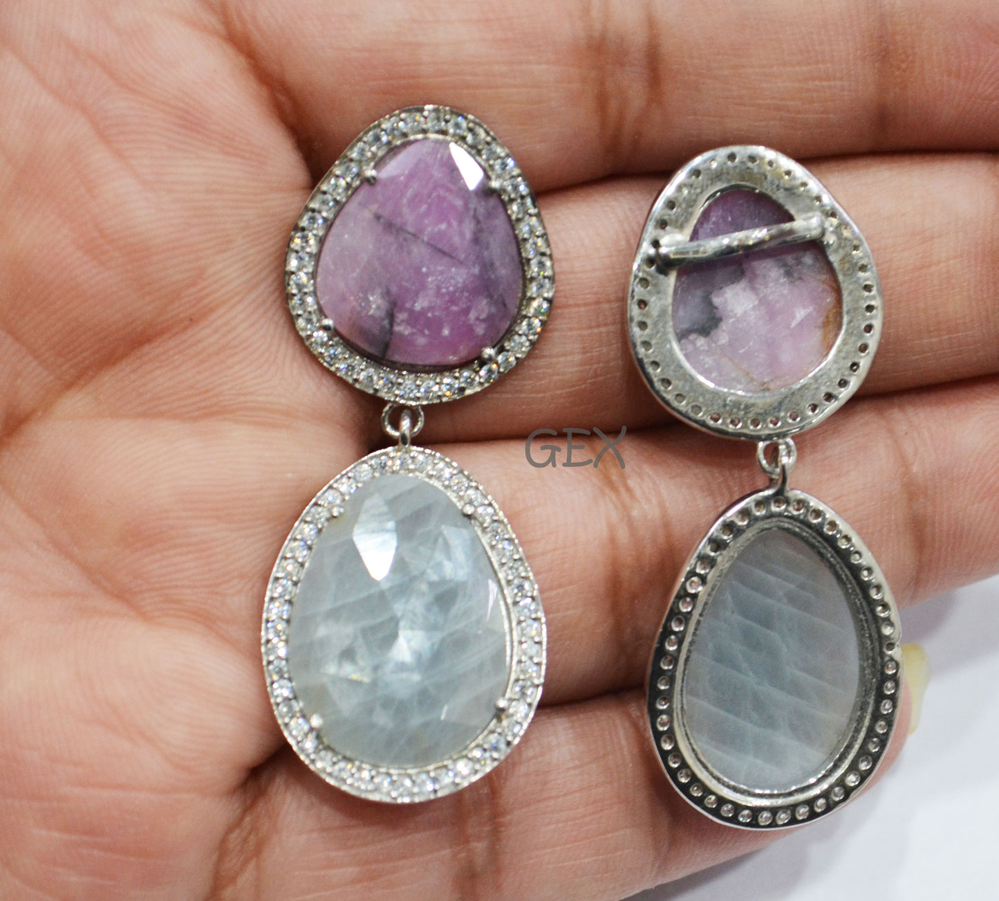 92.5 Sterling Silver Pink And Blue Sapphire Faceted Fancy Shape Earring , Pink And Blue Sapphire With Pave Cubic Zirconia Earring , 49 mm , E-001