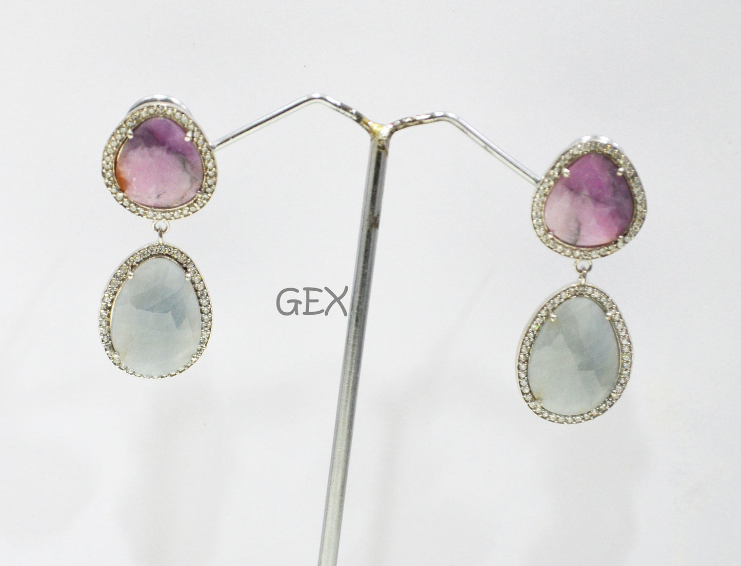 92.5 Sterling Silver Pink And Blue Sapphire Faceted Fancy Shape Earring , Pink And Blue Sapphire With Pave Cubic Zirconia Earring , 49 mm , E-001