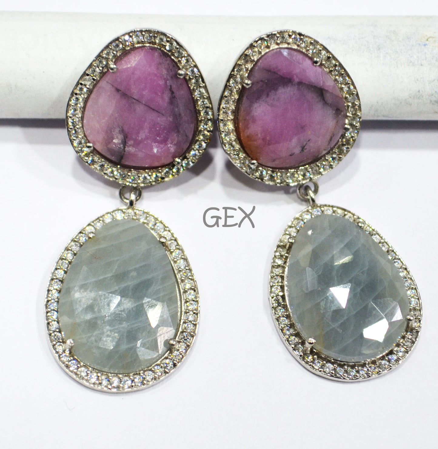 92.5 Sterling Silver Pink And Blue Sapphire Faceted Fancy Shape Earring , Pink And Blue Sapphire With Pave Cubic Zirconia Earring , 49 mm , E-001