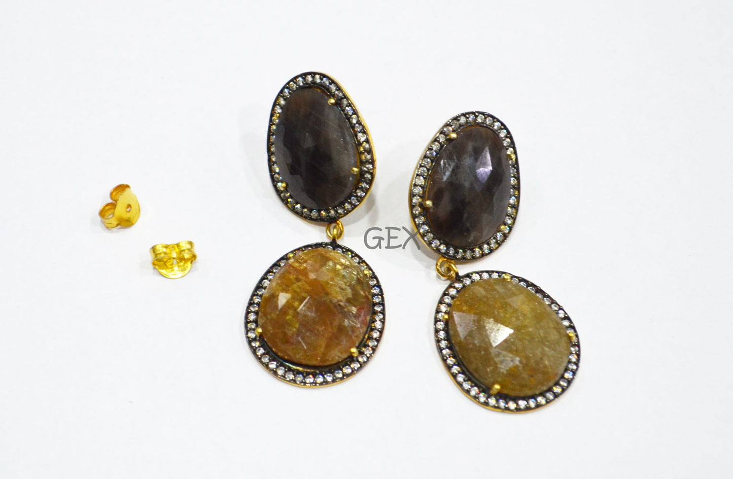92.5 Sterling Silver Shaded Black And Yellow Sapphire Faceted Fancy Shape Earring , Shaded Black And Yellow Sapphire With Pave Cubic Zirconia Earring , 50 mm , E-002