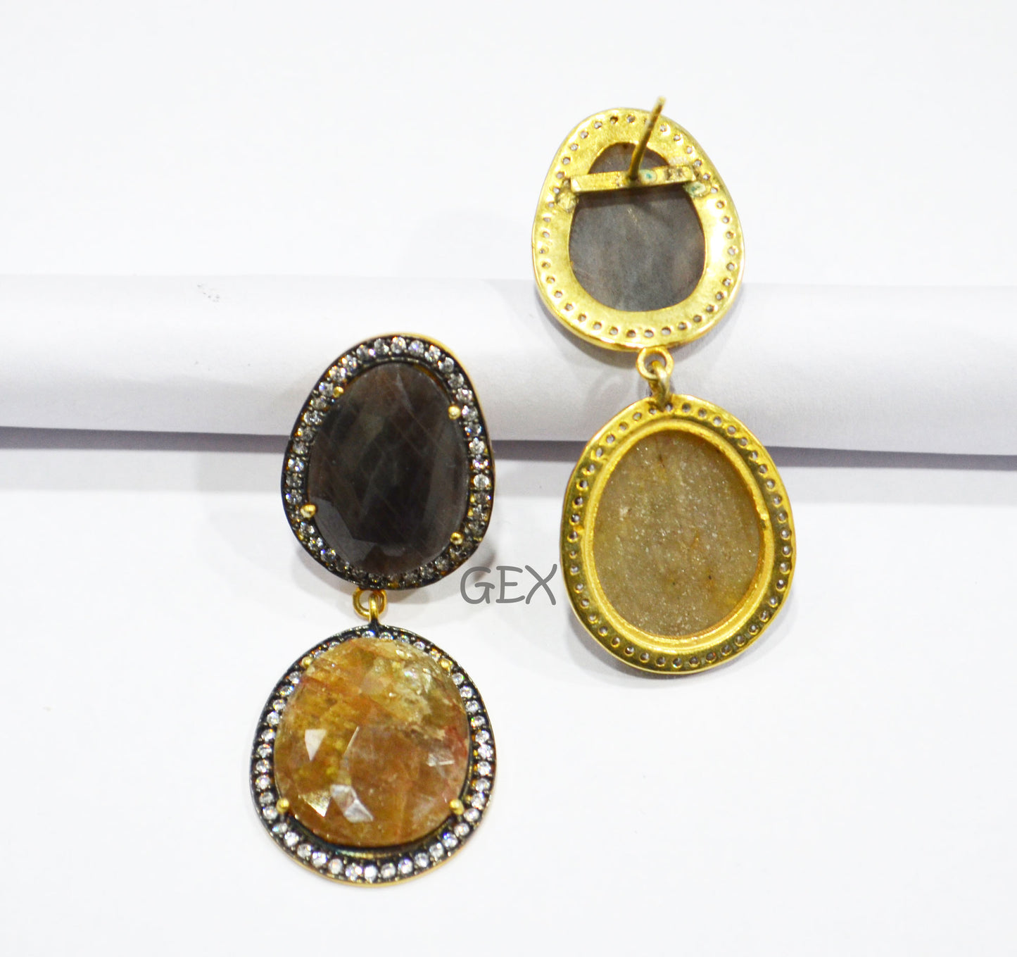 92.5 Sterling Silver Shaded Black And Yellow Sapphire Faceted Fancy Shape Earring , Shaded Black And Yellow Sapphire With Pave Cubic Zirconia Earring , 50 mm , E-002