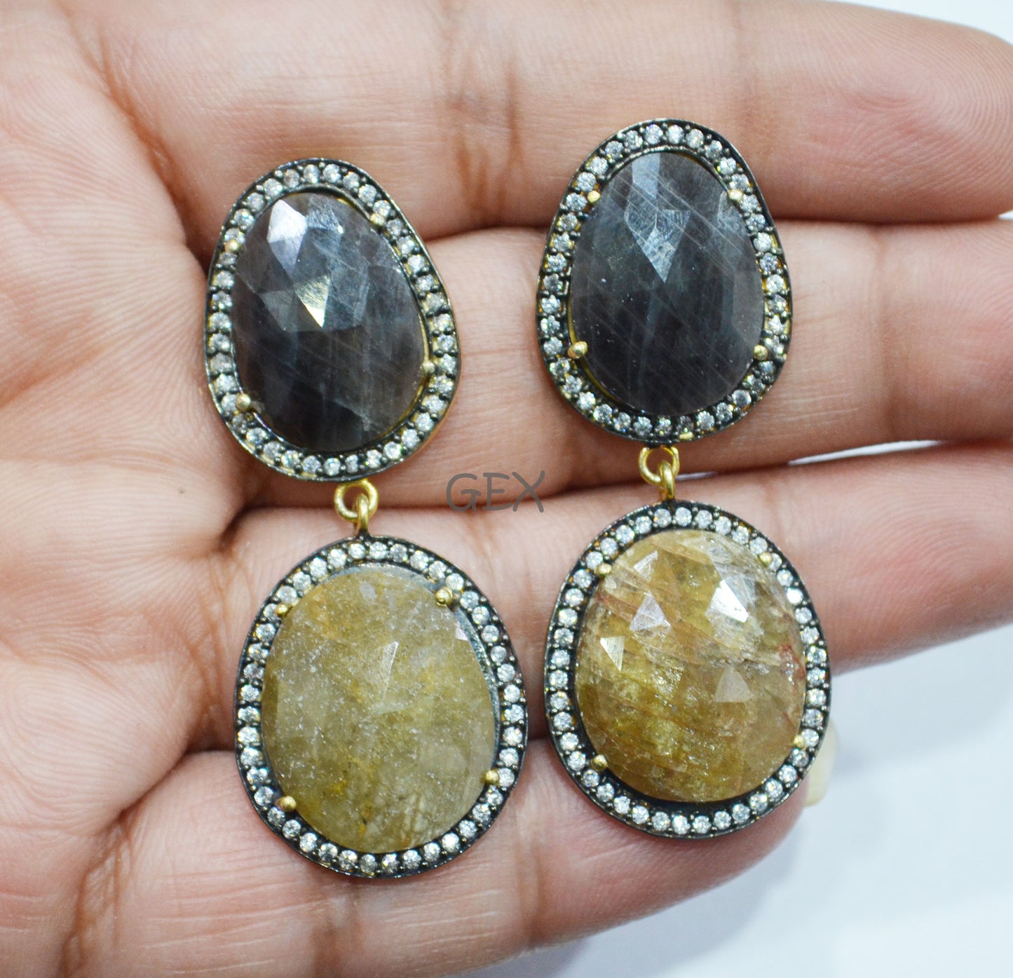 92.5 Sterling Silver Shaded Black And Yellow Sapphire Faceted Fancy Shape Earring , Shaded Black And Yellow Sapphire With Pave Cubic Zirconia Earring , 50 mm , E-002