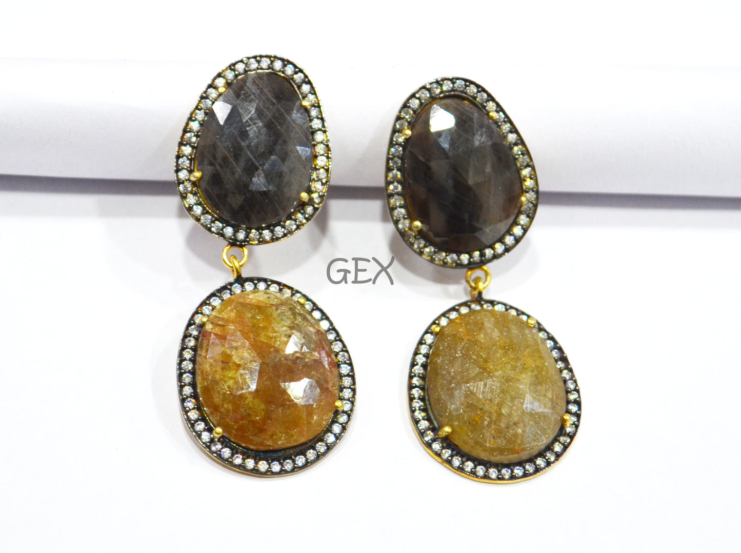 92.5 Sterling Silver Shaded Black And Yellow Sapphire Faceted Fancy Shape Earring , Shaded Black And Yellow Sapphire With Pave Cubic Zirconia Earring , 50 mm , E-002