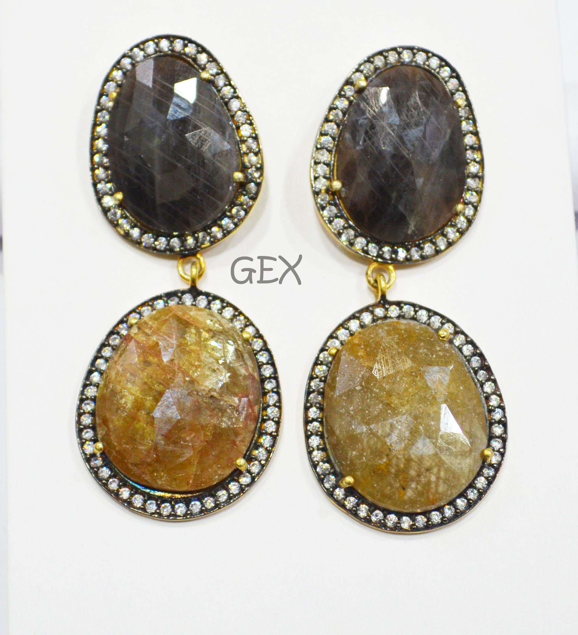 92.5 Sterling Silver Shaded Black And Yellow Sapphire Faceted Fancy Shape Earring , Shaded Black And Yellow Sapphire With Pave Cubic Zirconia Earring , 50 mm , E-002