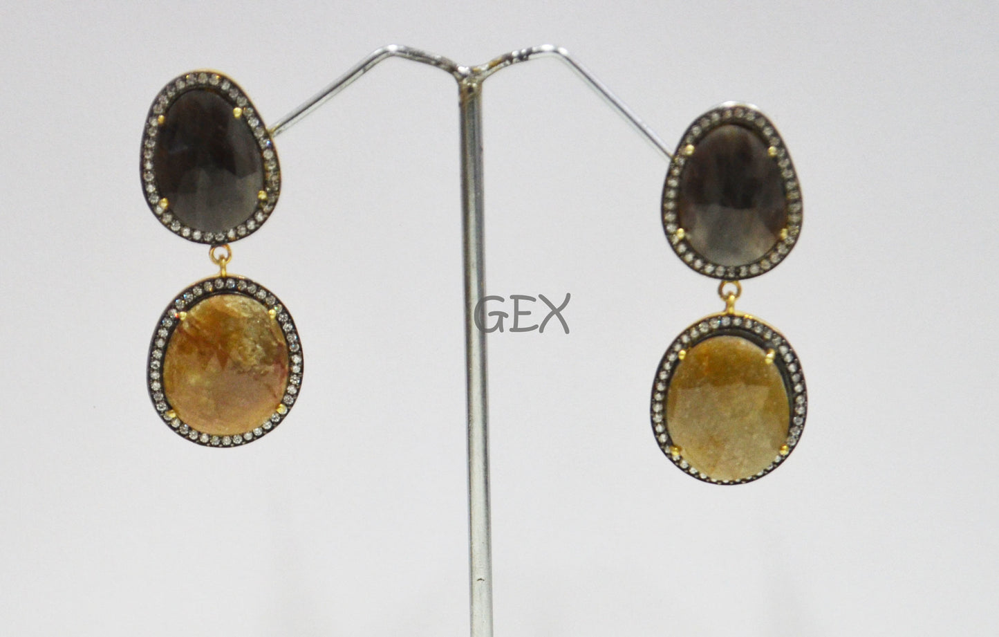 92.5 Sterling Silver Shaded Black And Yellow Sapphire Faceted Fancy Shape Earring , Shaded Black And Yellow Sapphire With Pave Cubic Zirconia Earring , 50 mm , E-002