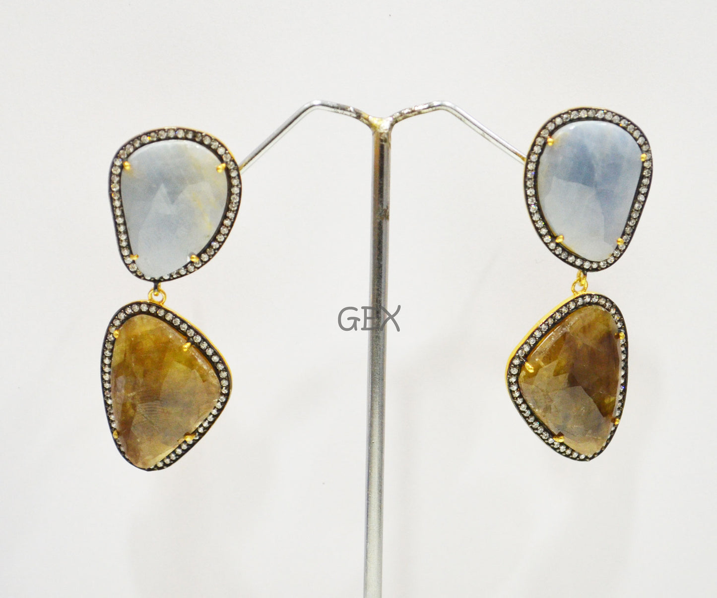 92.5 Sterling Silver Shaded Brown And Blue Sapphire Faceted Fancy Shape Earring , Shaded Brown And Blue Sapphire With Pave Cubic Zirconia Earring , 63 mm , E-003