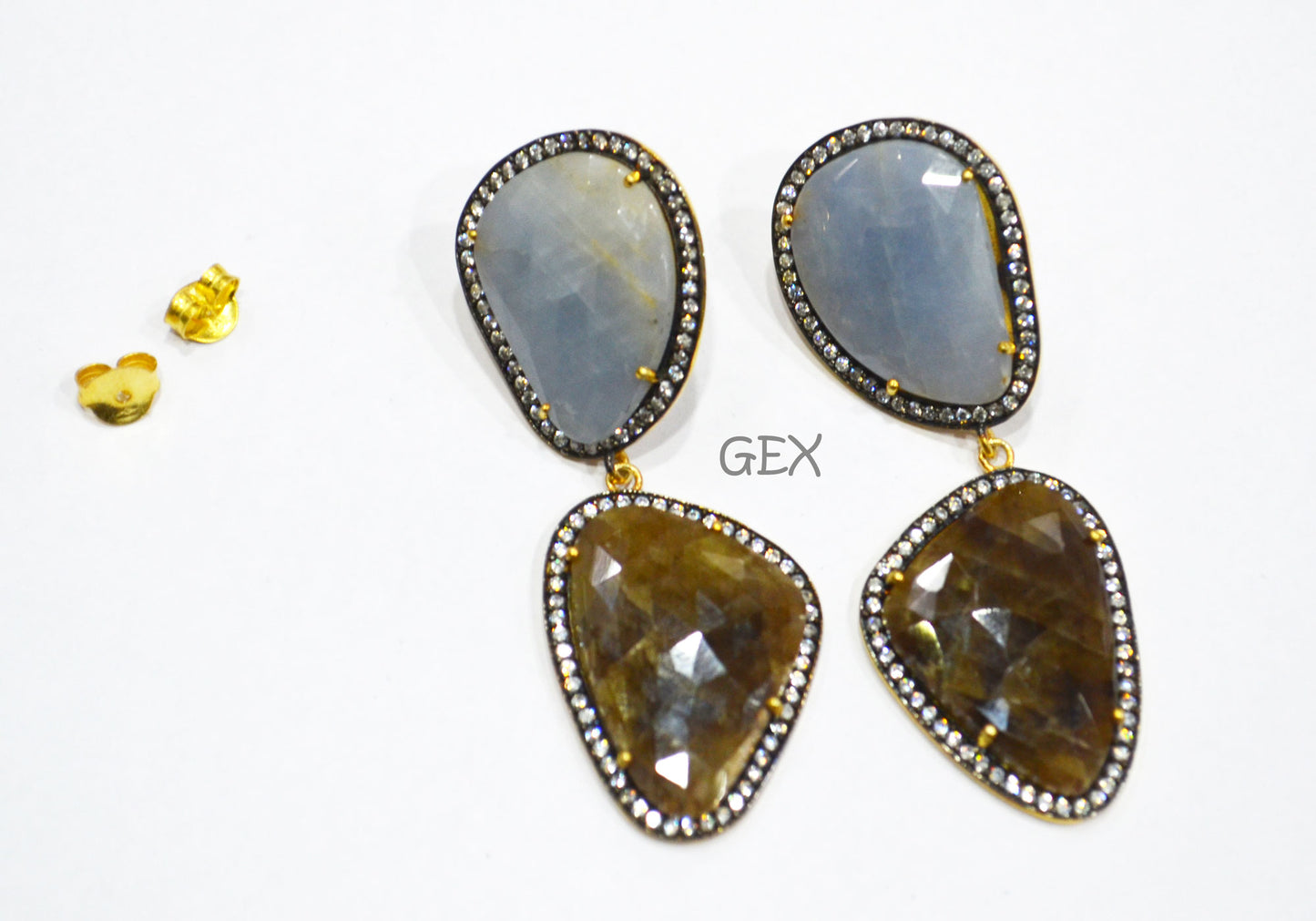 92.5 Sterling Silver Shaded Brown And Blue Sapphire Faceted Fancy Shape Earring , Shaded Brown And Blue Sapphire With Pave Cubic Zirconia Earring , 63 mm , E-003